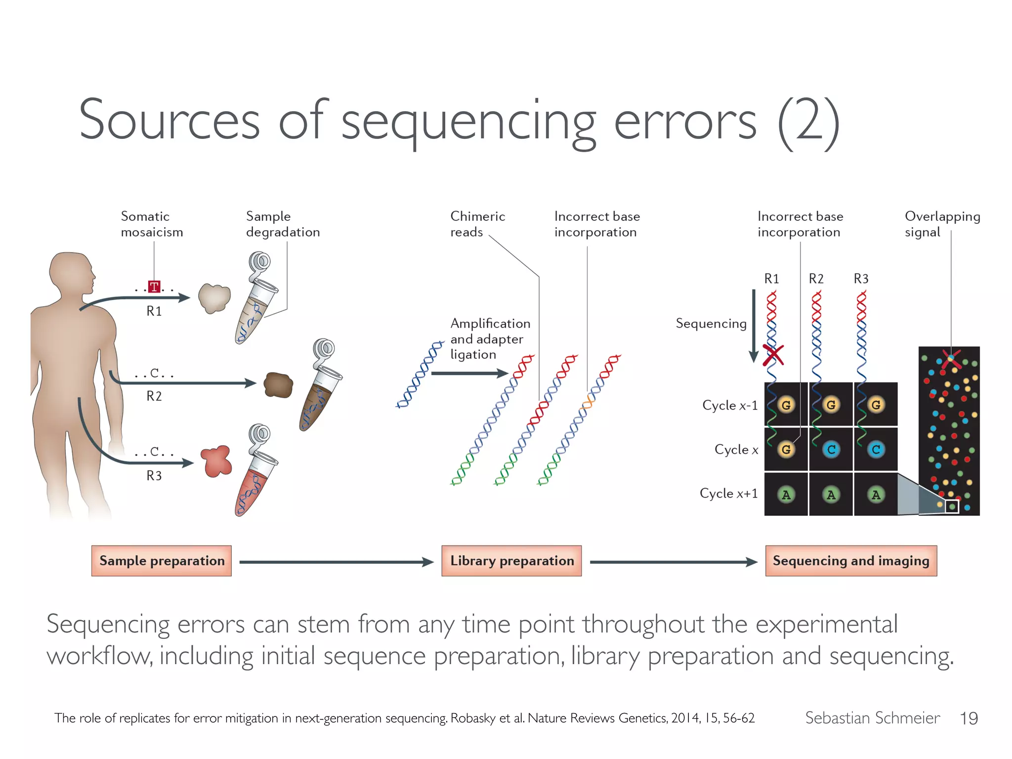 Sebastian Schmeier
Sources of sequencing errors (2)
Sequencing errors can stem from any time point throughout the experimental
workﬂow, including initial sequence preparation, library preparation and sequencing.
19The role of replicates for error mitigation in next-generation sequencing. Robasky et al. Nature Reviews Genetics, 2014, 15, 56-62
 