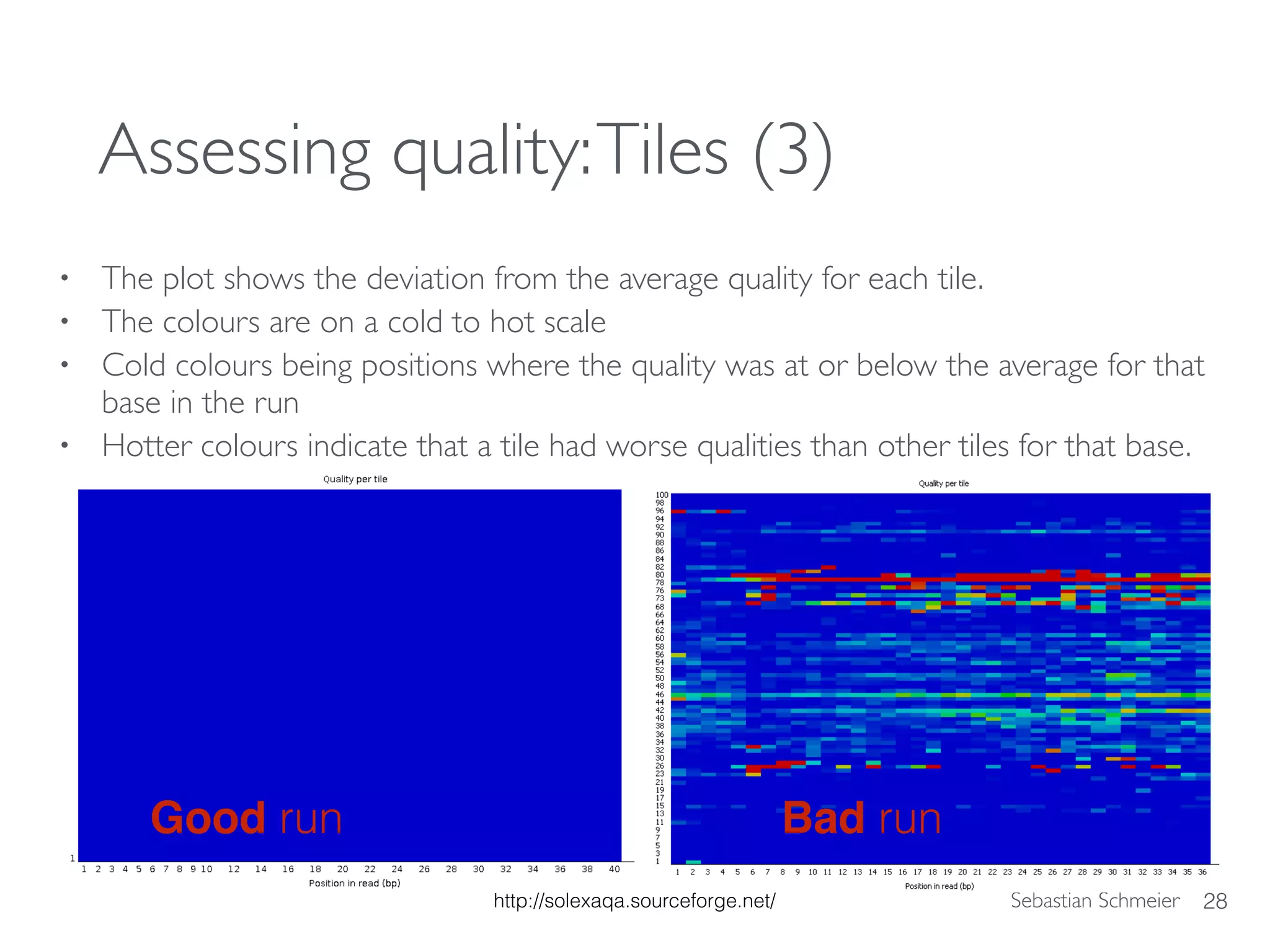 Sebastian Schmeier
Assessing quality:Tiles (3)
• The plot shows the deviation from the average quality for each tile.
• The colours are on a cold to hot scale
• Cold colours being positions where the quality was at or below the average for that
base in the run
• Hotter colours indicate that a tile had worse qualities than other tiles for that base.
28
Good run Bad run
http://solexaqa.sourceforge.net/
 