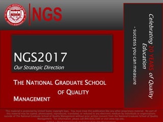 NGS2017
Our Strategic Direction
THE NATIONAL GRADUATE SCHOOL
OF QUALITY MANAGEMENT
This material is protected by United States copyright laws. You must treat this publication like any other proprietary material. No part of this material may be copied,
photocopied, reproduced, translated, or reduced to any electronic medium by individuals or organizations outside of The National Graduate School of Quality
Management without prior written consent from the National Graduate School of Quality Management. For information, please call 800.838.2580 or visit www.ngs.edu.
©2014 ◦ The National Graduate School of Quality Management
Celebrating20YEARSofQualityEducation
-successyoucanmeasure
 