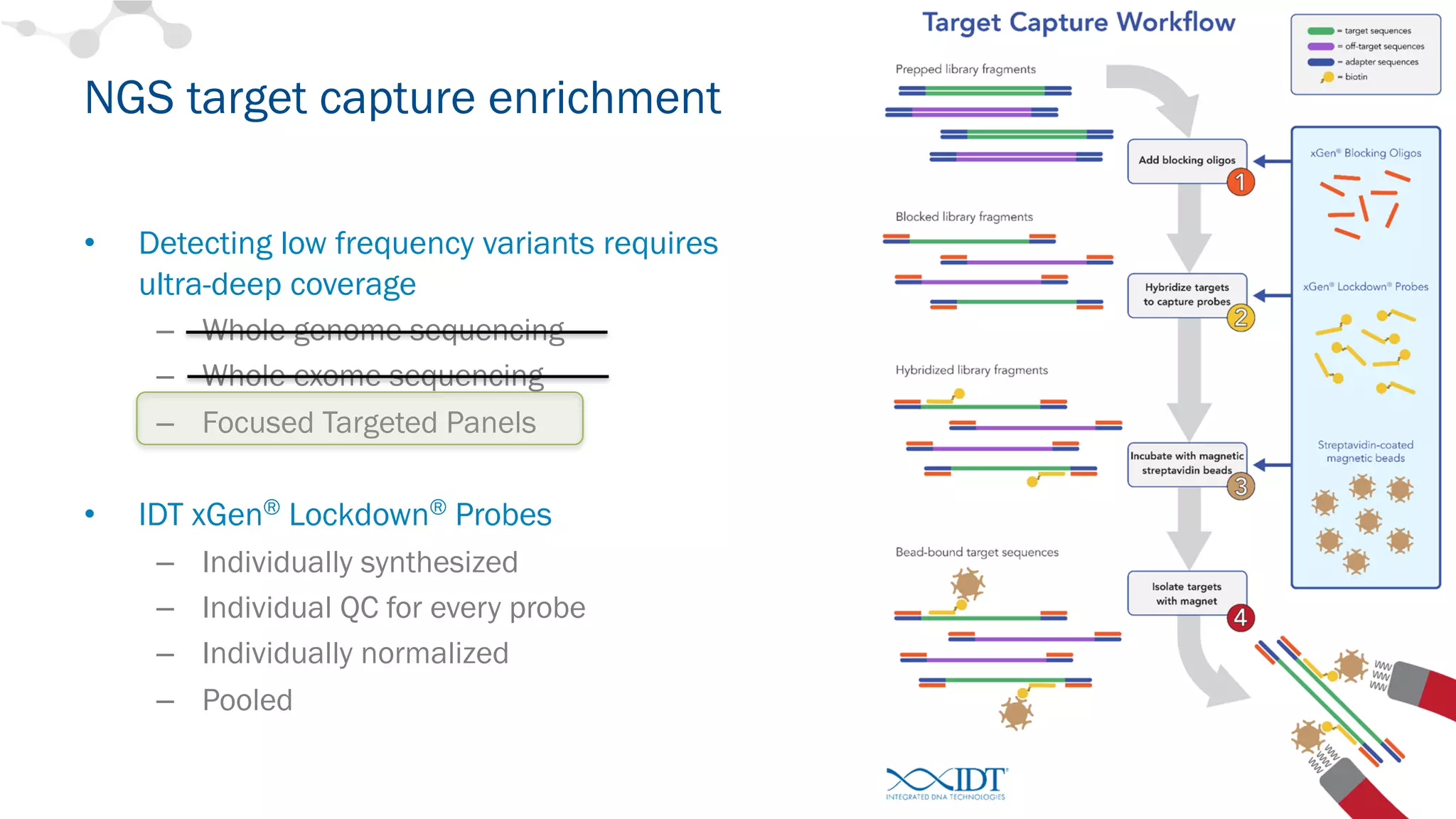 • Detecting low frequency variants requires
ultra-deep coverage
– Whole genome sequencing
– Whole exome sequencing
– Focused Targeted Panels
• IDT xGen® Lockdown® Probes
– Individually synthesized
– Individual QC for every probe
– Individually normalized
– Pooled
NGS target capture enrichment
12
 