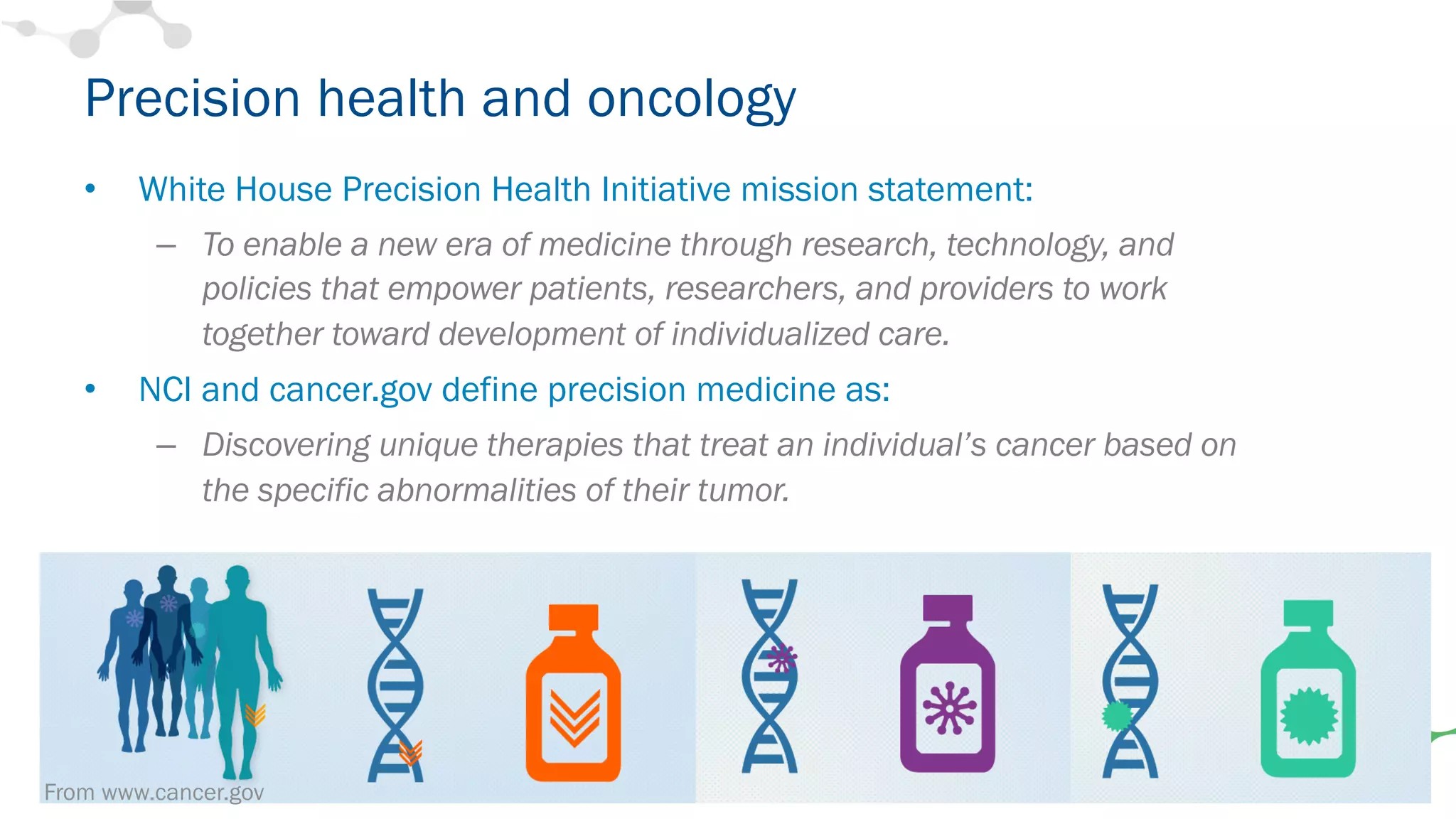 Precision health and oncology
• White House Precision Health Initiative mission statement:
– To enable a new era of medicine through research, technology, and
policies that empower patients, researchers, and providers to work
together toward development of individualized care.
• NCI and cancer.gov define precision medicine as:
– Discovering unique therapies that treat an individual’s cancer based on
the specific abnormalities of their tumor.
From www.cancer.gov
 