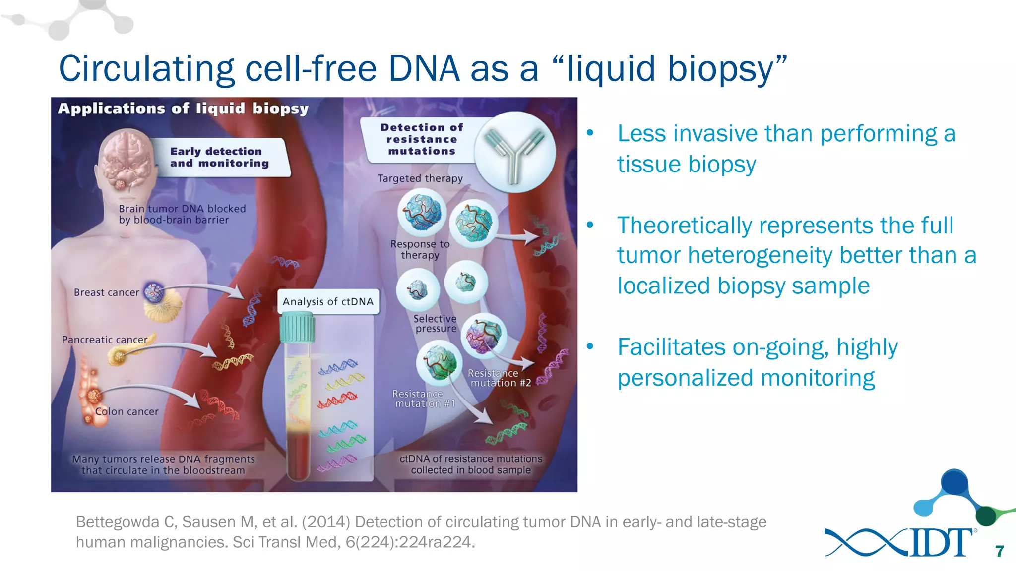 Circulating cell-free DNA as a “liquid biopsy”
7
Bettegowda C, Sausen M, et al. (2014) Detection of circulating tumor DNA in early- and late-stage
human malignancies. Sci Transl Med, 6(224):224ra224.
• Less invasive than performing a
tissue biopsy
• Theoretically represents the full
tumor heterogeneity better than a
localized biopsy sample
• Facilitates on-going, highly
personalized monitoring
 
