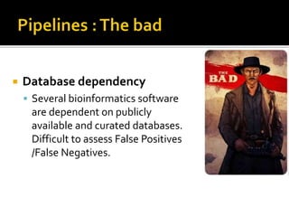 Database dependency
 Several bioinformatics software
are dependent on publicly
available and curated databases.
Difficult to assess False Positives
/False Negatives.
 