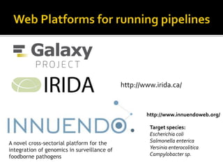 A novel cross-sectorial platform for the
integration of genomics in surveillance of
foodborne pathogens
http://www.innuendoweb.org/
Target species:
Escherichia coli
Salmonella enterica
Yersinia enterocolitica
Campylobacter sp.
http://www.irida.ca/
 