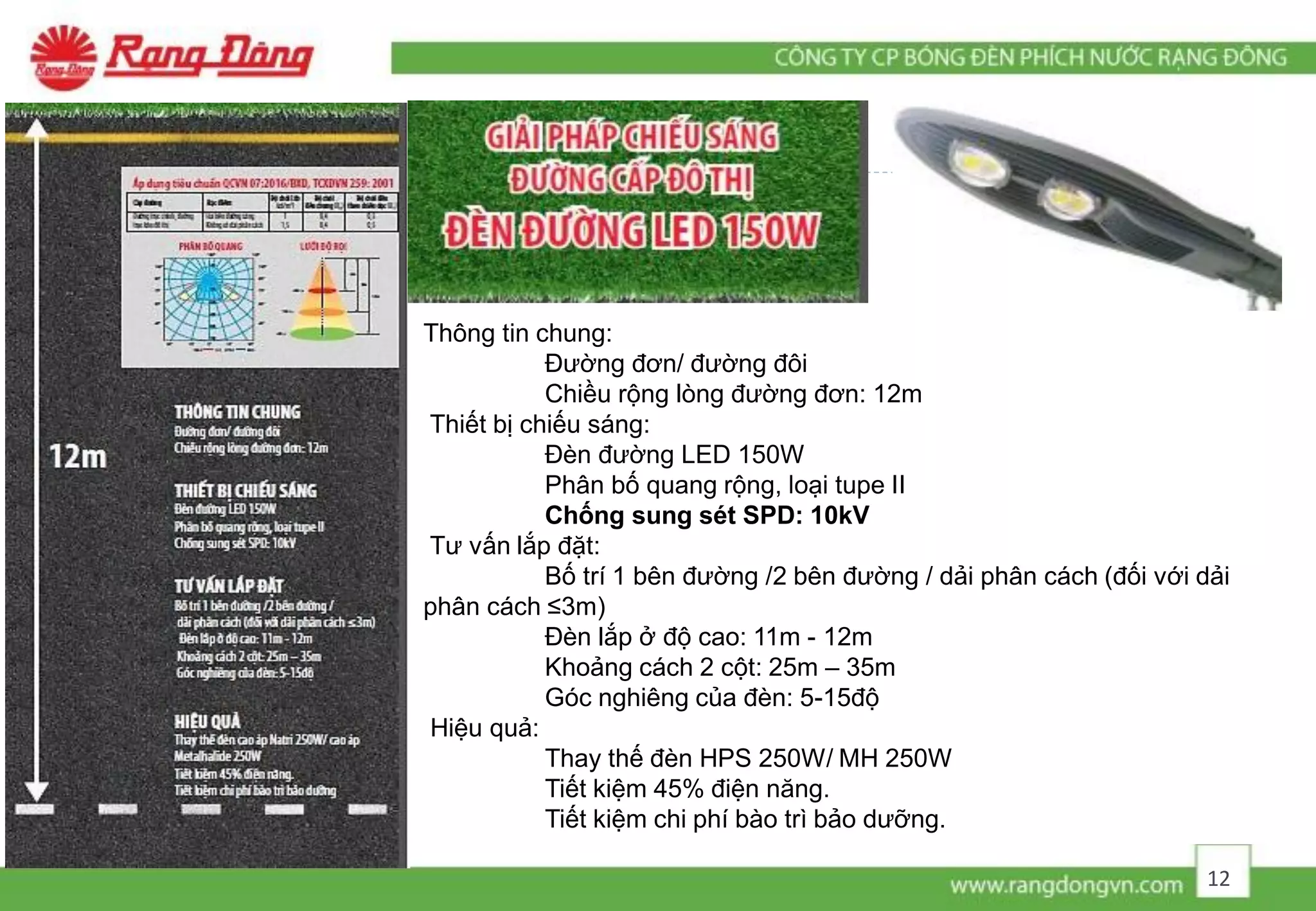 Thông tin chung:
Đường đơn/ đường đôi
Chiều rộng lòng đường đơn: 12m
Thiết bị chiếu sáng:
Đèn đường LED 150W
Phân bố quang rộng, loại tupe II
Chống sung sét SPD: 10kV
Tư vấn lắp đặt:
Bố trí 1 bên đường /2 bên đường / dải phân cách (đối với dải
phân cách ≤3m)
Đèn lắp ở độ cao: 11m - 12m
Khoảng cách 2 cột: 25m – 35m
Góc nghiêng của đèn: 5-15độ
Hiệu quả:
Thay thế đèn HPS 250W/ MH 250W
Tiết kiệm 45% điện năng.
Tiết kiệm chi phí bào trì bảo dưỡng.
12
 