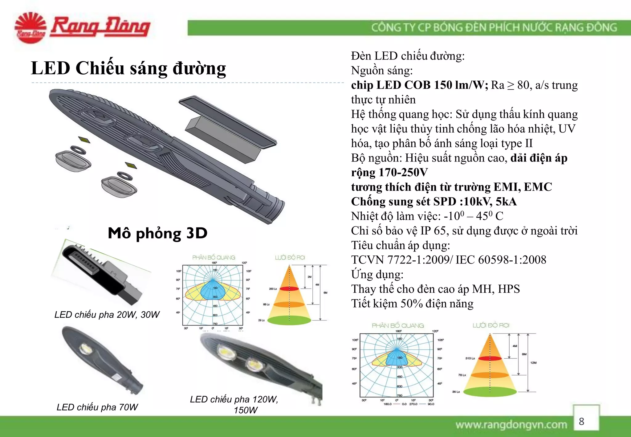 Đèn LED chiếu đường:
Nguồn sáng:
chip LED COB 150 lm/W; Ra ≥ 80, a/s trung
thực tự nhiên
Hệ thống quang học: Sử dụng thấu kính quang
học vật liệu thủy tinh chống lão hóa nhiệt, UV
hóa, tạo phân bố ánh sáng loại type II
Bộ nguồn: Hiệu suất nguồn cao, dải điện áp
rộng 170-250V
tương thích điện từ trường EMI, EMC
Chống sung sét SPD :10kV, 5kA
Nhiệt độ làm việc: -100 – 450 C
Chỉ số bảo vệ IP 65, sử dụng được ở ngoài trời
Tiêu chuẩn áp dụng:
TCVN 7722-1:2009/ IEC 60598-1:2008
Ứng dụng:
Thay thế cho đèn cao áp MH, HPS
Tiết kiệm 50% điện năng
LED Chiếu sáng đường
LED chiếu pha 70W
LED chiếu pha 20W, 30W
Mô phỏng 3D
LED chiếu pha 120W,
150W
8
 
