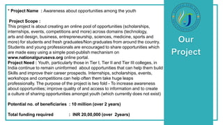 * Project Name : Awareness about opportunities among the youth
Project Scope :
This project is about creating an online pool of opportunities (scholarships,
internships, events, competitions and more) across domains (technology,
arts and design, business, entrepreneurship, sciences, medicine, sports and
more) for students and fresh graduates/Non graduates from around the country.
Students and young professionals are encouraged to share opportunities which
are made easy using a simple post-publish mechanism on
www.nationalguruseva.org online portal.
Project Need : Youth, particularly those in Tier I, Tier II and Tier III colleges, in
India continue to remain uninformed about opportunities that can help them build
Skills and improve their career prospects. Internships, scholarships, events,
workshops and competitions can help often them take huge leaps
professionally. The purpose of the project is two fold - To increase awareness
about opportunities; improve quality of and access to information and to create
a culture of sharing opportunities amongst youth (which currently does not exist)
Potential no. of beneficiaries : 10 million (over 2 years)
Total funding required : INR 20,00,000 (over 2years)
 