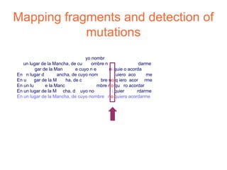 Mapping fragments and detection of
            mutations
                                  yo nombr
   un lugar de la Mancha, de cu      ombre n                darme
         gar de la Man       e cuyo n e      ni quie o acorda
En n lugar d        ancha, de cuyo nom           uiero aco     me
En u     gar de la M    ha, de c         bre no q iero acor rme
En un lu      e la Manc                 mbre no qu ro acordar
En un lugar de la M cha, d uyo no             i quier      rdarme
En un lugar de la Mancha, de cuyo nombre no quiero acordarme
 