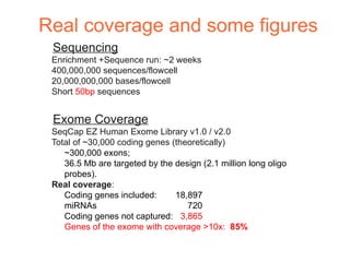Real coverage and some figures
 Sequencing
 Enrichment +Sequence run: ~2 weeks
 400,000,000 sequences/flowcell
 20,000,000,000 bases/flowcell
 Short 50bp sequences


 Exome Coverage
 SeqCap EZ Human Exome Library v1.0 / v2.0
 Total of ~30,000 coding genes (theoretically)
    ~300,000 exons;
    36.5 Mb are targeted by the design (2.1 million long oligo
    probes).
 Real coverage:
    Coding genes included:      18,897
    miRNAs                         720
    Coding genes not captured: 3,865
    Genes of the exome with coverage >10x: 85%
 