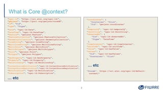 What is Core @context?
"ngsi-ld": "https://uri.etsi.org/ngsi-ld/",
"geojson": "https://purl.org/geojson/vocab#",
"id": "@id",
"type": "@type",
"Date": "ngsi-ld:Date",
"DateTime": "ngsi-ld:DateTime",
"Feature": "geojson:Feature",
"FeatureCollection": "geojson:FeatureCollection",
"GeometryCollection": "geojson:GeometryCollection",
"LineString": "geojson:LineString",
"MultiLineString": "geojson:MultiLineString",
"MultiPoint": "geojson:MultiPoint",
"MultiPolygon": "geojson:MultiPolygon",
"Point": "geojson:Point",
"Polygon": "geojson:Polygon",
"GeoProperty": "ngsi-ld:GeoProperty",
"Property": "ngsi-ld:Property",
"Relationship": "ngsi-ld:Relationship",
"ContextSourceNotification":"ngsi-ld:ContextSourceNotification",
"ContextSourceRegistration":"ngsi-ld:ContextSourceRegistration",
"Notification": "ngsi-ld:Notification",
"Subscription": "ngsi-ld:Subscription",
… etc
3
"coordinates": {
"@container": "@list",
"@id": "geojson:coordinates"
},
"temporalQ": "ngsi-ld:temporalQ",
"throttling": "ngsi-ld:throttling",
"observedAt": {
"@id": "ngsi-ld:observedAt",
"@type": "DateTime"
},
"timeInterval": "ngsi-ld:timeInterval",
"unitCode": "ngsi-ld:unitCode",
"value": "ngsi-ld:hasValue",
"values": {
"@id": "ngsi-ld:hasValues",
"@container": "@list"
},
… etc
"@vocab": "https://uri.etsi.org/ngsi-ld/default-
context/"
 