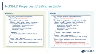 NGSI-LD Properties: Creating an Entity
NGSI v2
6
NGSI-LD
curl -iX POST 'http://localhost:1026/v2/entities' 
-H 'Content-Type: application/json' 
-d '{
"type": "Store", "id": "store001",
"category": { "type": "Array", "value": ["commercial"]},
"address": { "type": "PostalAddress", "value": {
"streetAddress": "Bornholmer Straße 65",
"addressRegion": "Berlin",
"addressLocality": "Prenzlauer Berg",
"postalCode": "10439"
},
"metadata": {
"verified": { "type": "Boolean","value": true}
}
},
"location": {"type": "geo:json",
"value": {"type": "Point", "coordinates": [13.3986, 52.5547]}
},
"name": {"type": "Text", "value": "Bösebrücke Einkauf"}
}'
curl -iX POST http://localhost:1026/ngsi-ld/v1/entities 
-H 'Content-Type: application/ld+json' 
-d '{
"type": "Building", "id": "urn:ngsi-ld:Building:store001",
"category": { "type": "Property", "value": ["commercial"]},
"address": { "type": "Property"," value": {
"streetAddress": "Bornholmer Straße 65",
"addressRegion": "Berlin",
"addressLocality": "Prenzlauer Berg",
"postalCode": "10439"
},
"verified": { "type": "Property", "value": true }
},
"location": { "type": "GeoProperty",
"value": { "type": "Point", "coordinates": [13.3986, 52.5547]}
},
"name": { "type": "Property", "value": "Bösebrücke Einkauf" },
"@context": [
"https://fiware.github.io/data-models/context.jsonld",
"https://uri.etsi.org/ngsi-ld/v1/ngsi-ld-core-context.jsonld"
]
}'
 