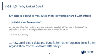 NGSI-LD - Why Linked Data?
My data is useful to me, but is more powerful shared with others
… but what about Conway's law?
Any organization that designs a system (defined broadly) will produce a design whose
structure is a copy of the organization's communication structure.
— Melvin E. Conway
… how can I share data and benefit from other organizations if their
organization “communicates” differently?
3
 