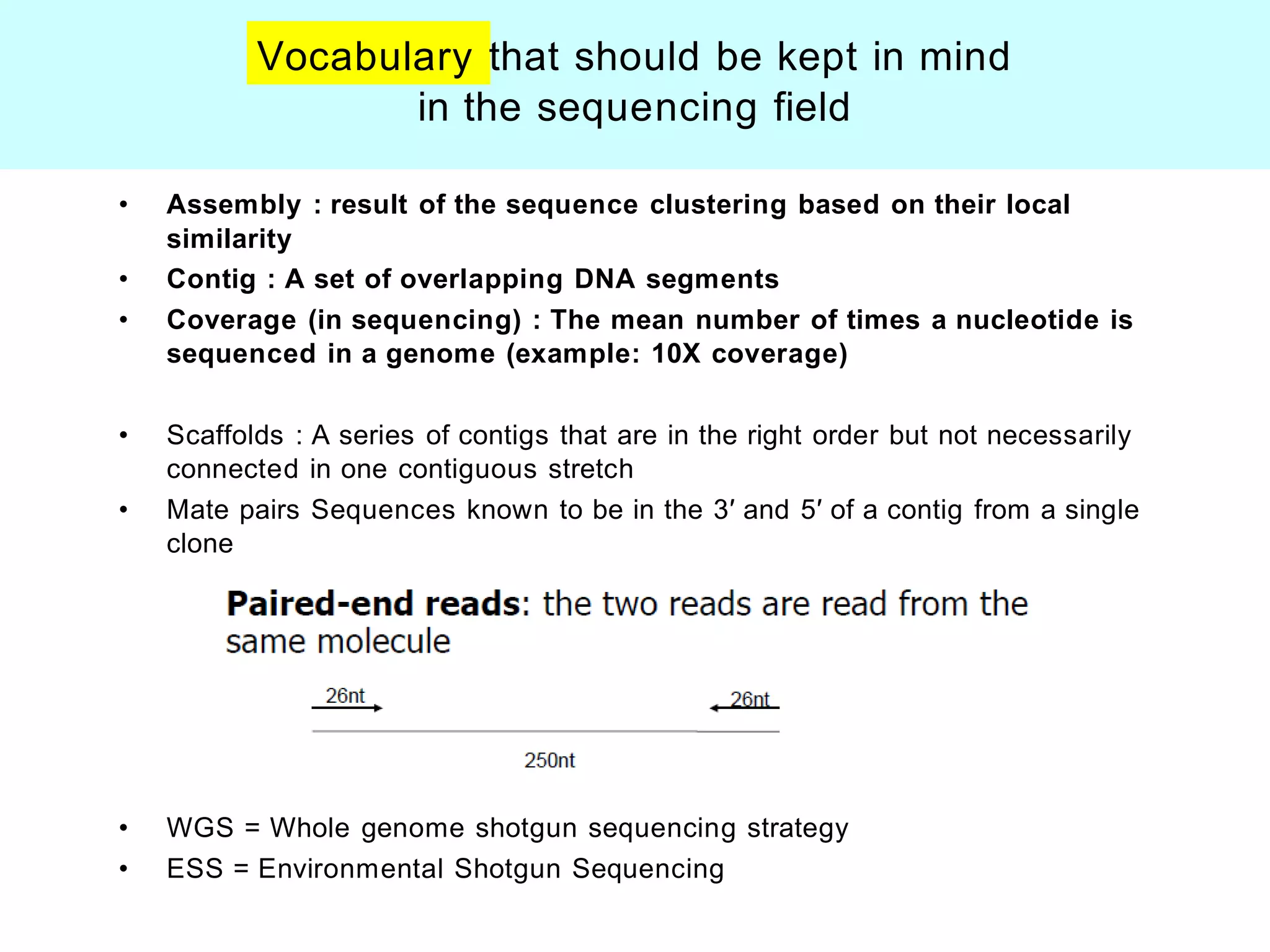 Vocabulary that should be kept in mind
                  in the sequencing field

•   Assembly : result of the sequence clustering based on their local
    similarity
•   Contig : A set of overlapping DNA segments
•   Coverage (in sequencing) : The mean number of times a nucleotide is
    sequenced in a genome (example: 10X coverage)

•   Scaffolds : A series of contigs that are in the right order but not necessarily
    connected in one contiguous stretch
•   Mate pairs Sequences known to be in the 3′ and 5′ of a contig from a single
    clone




•   WGS = Whole genome shotgun sequencing strategy
•   ESS = Environmental Shotgun Sequencing
 