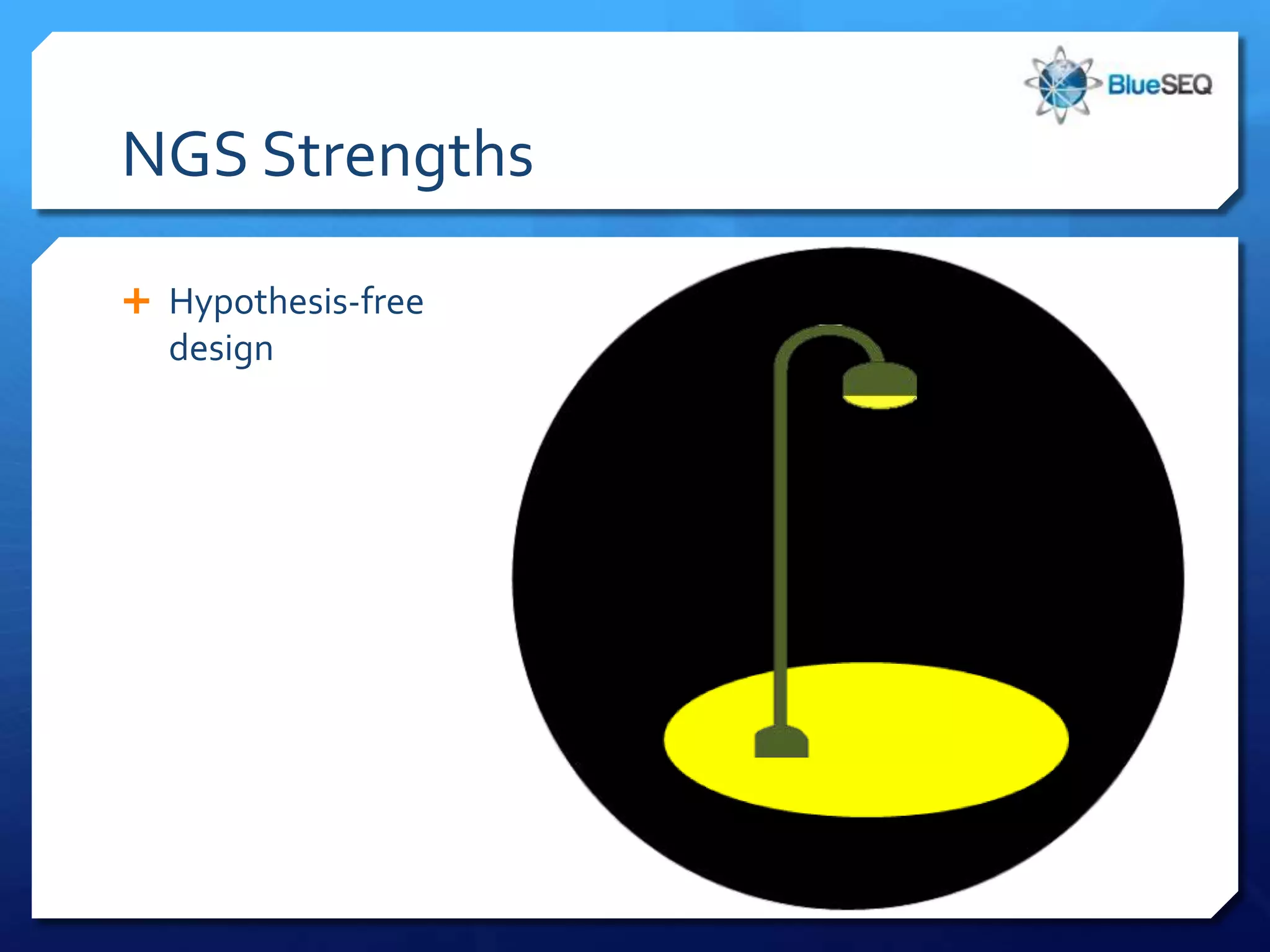 NGS Strengths

 Hypothesis-free
  design
 