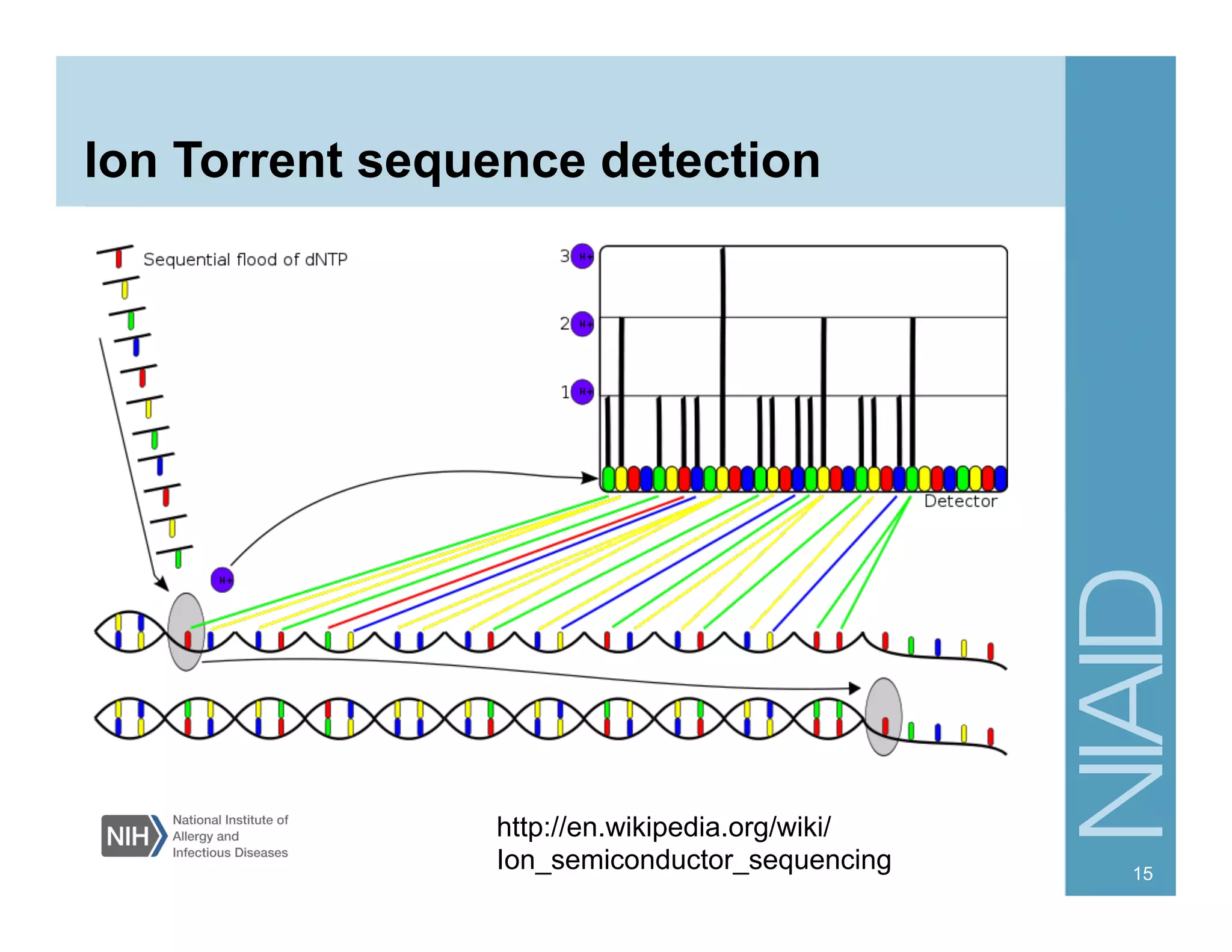 Ion Torrent sequence detection
15
http://en.wikipedia.org/wiki/
Ion_semiconductor_sequencing
 