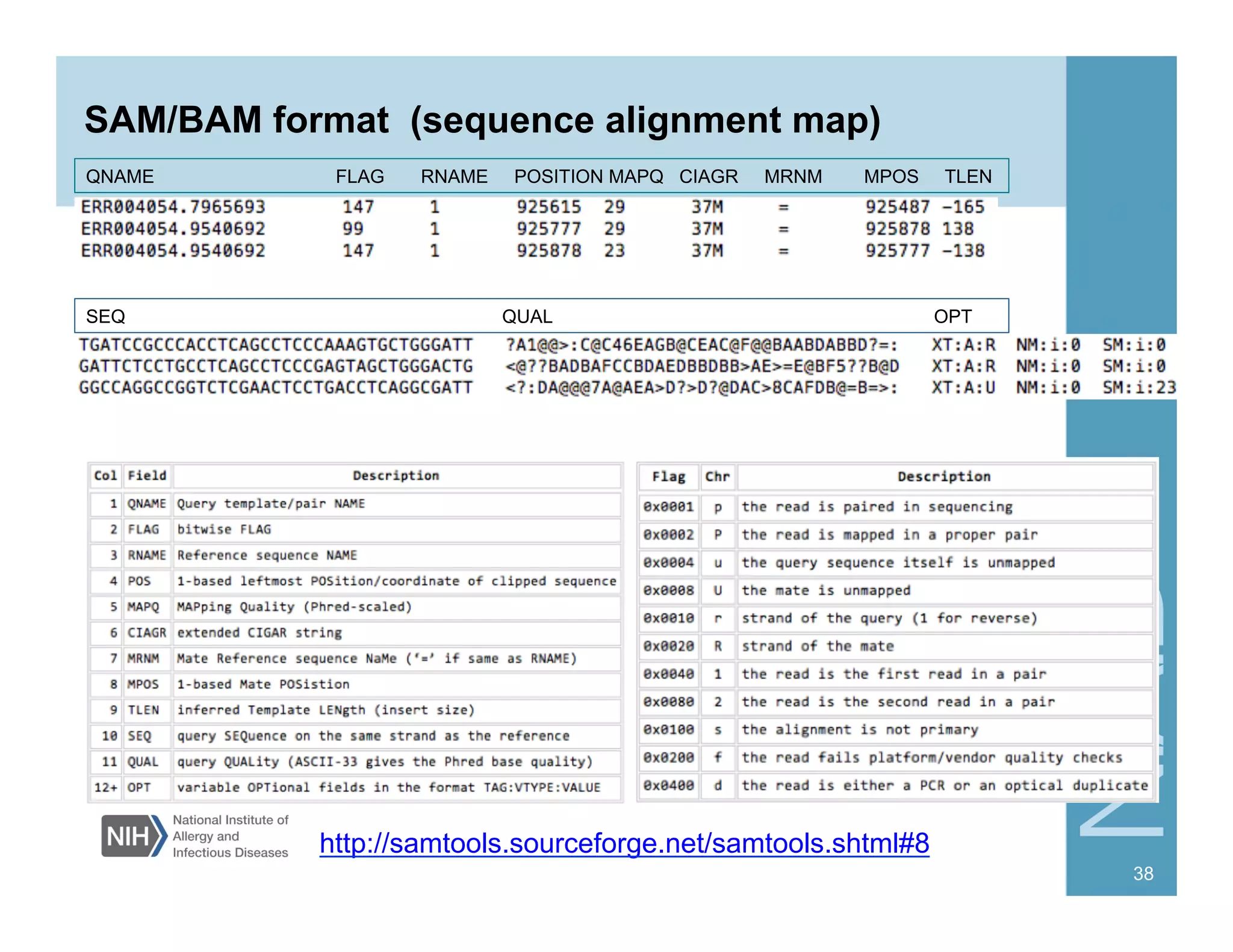 SAM/BAM format (sequence alignment map)
38
QNAME FLAG RNAME POSITION MAPQ CIAGR MRNM MPOS TLEN
SEQ QUAL OPT
http://samtools.sourceforge.net/samtools.shtml#8
 