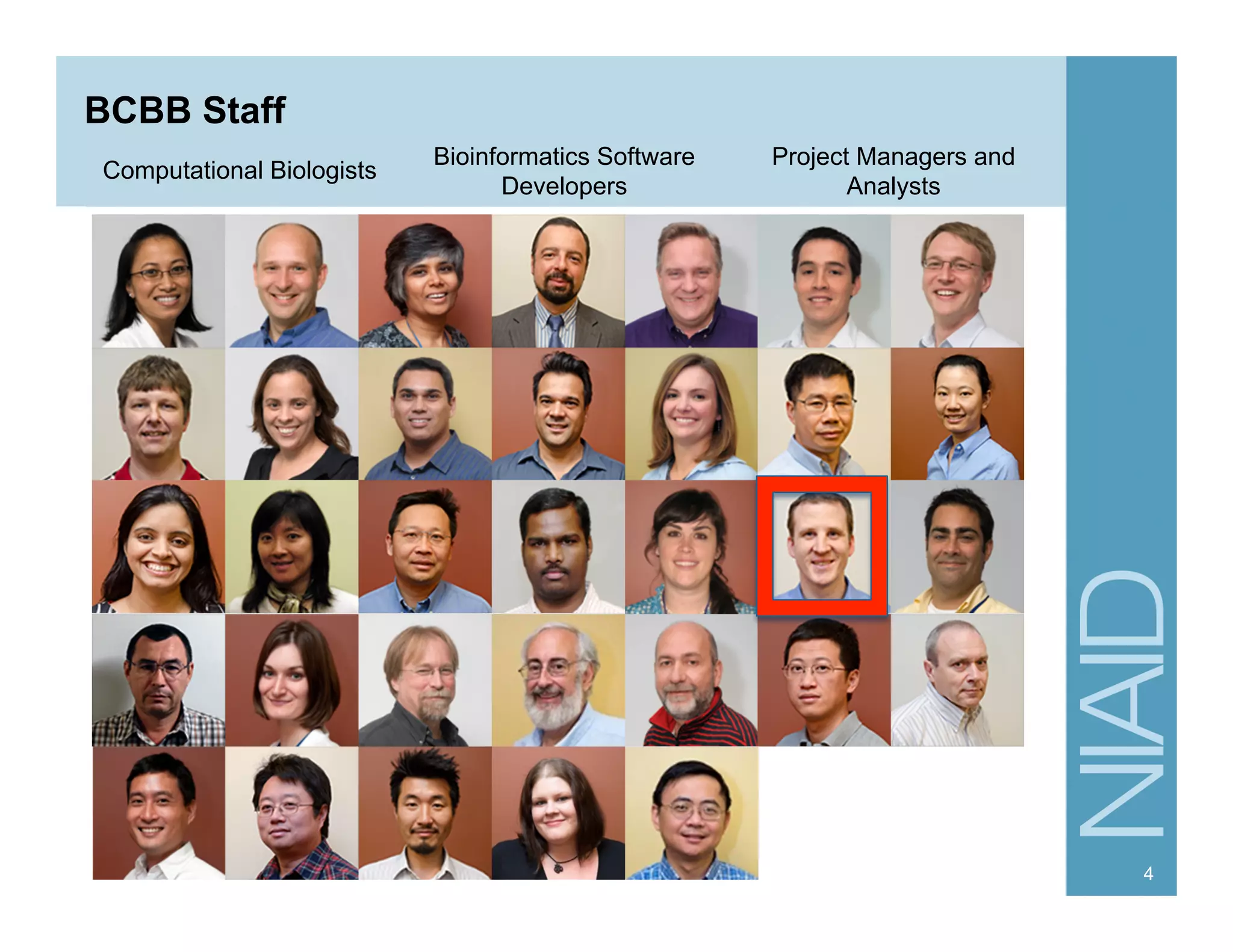 BCBB Staff
4
Bioinformatics Software
Developers
Computational Biologists
Project Managers and
Analysts
 