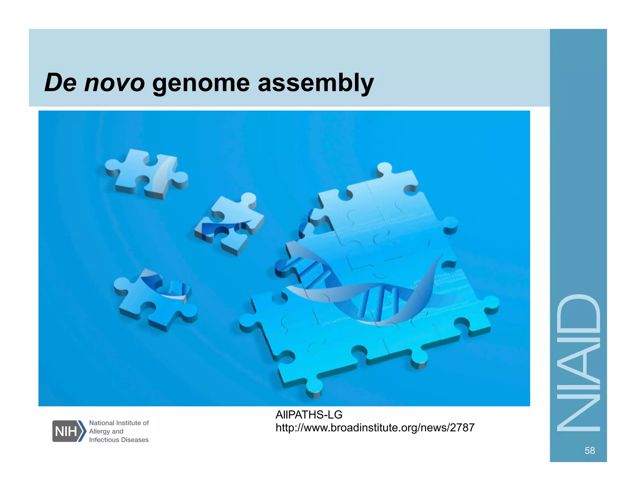 De novo genome assembly
58
AllPATHS-LG
http://www.broadinstitute.org/news/2787
 