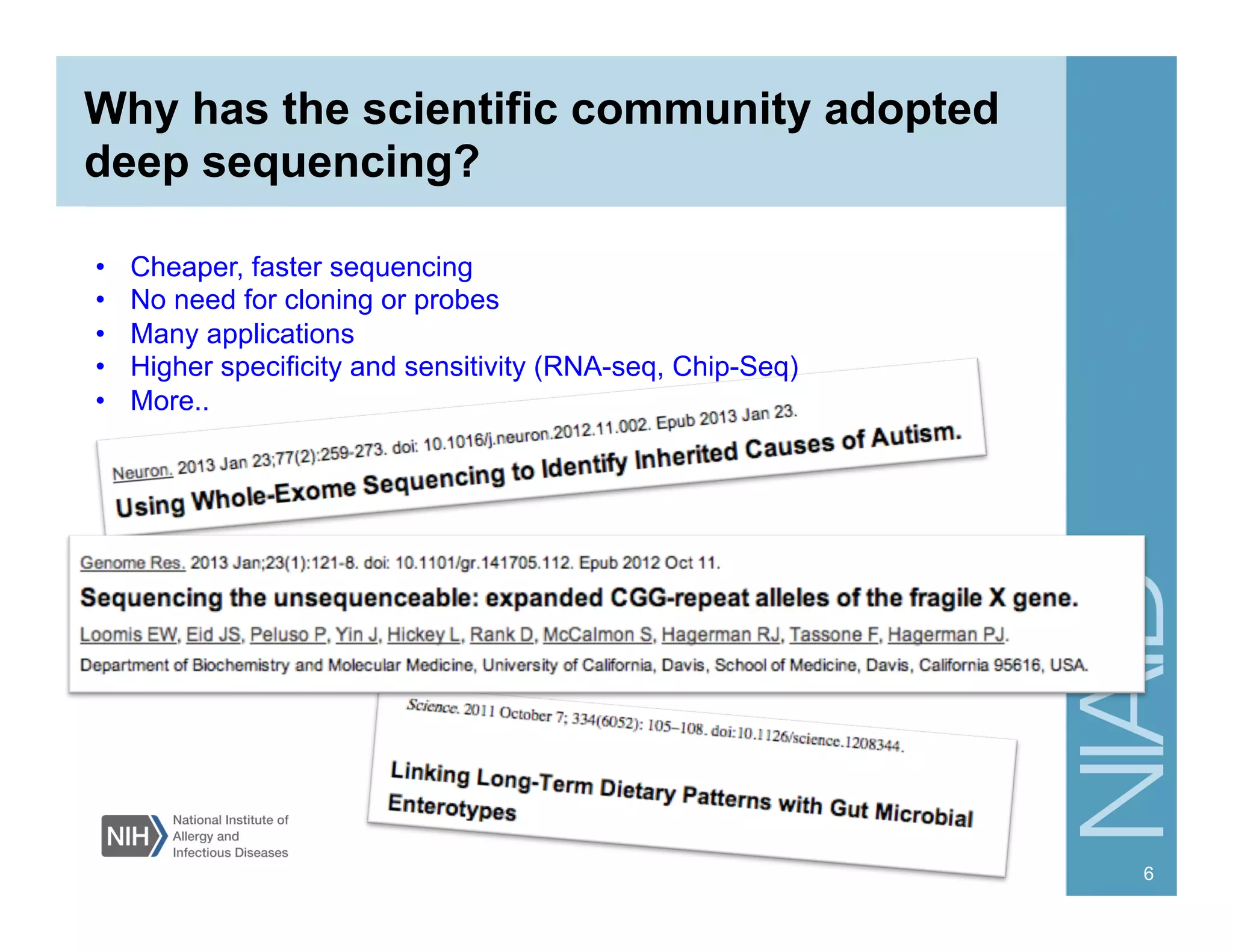 Why has the scientific community adopted
deep sequencing?
6
•  Cheaper, faster sequencing
•  No need for cloning or probes
•  Many applications
•  Higher specificity and sensitivity (RNA-seq, Chip-Seq)
•  More..
 