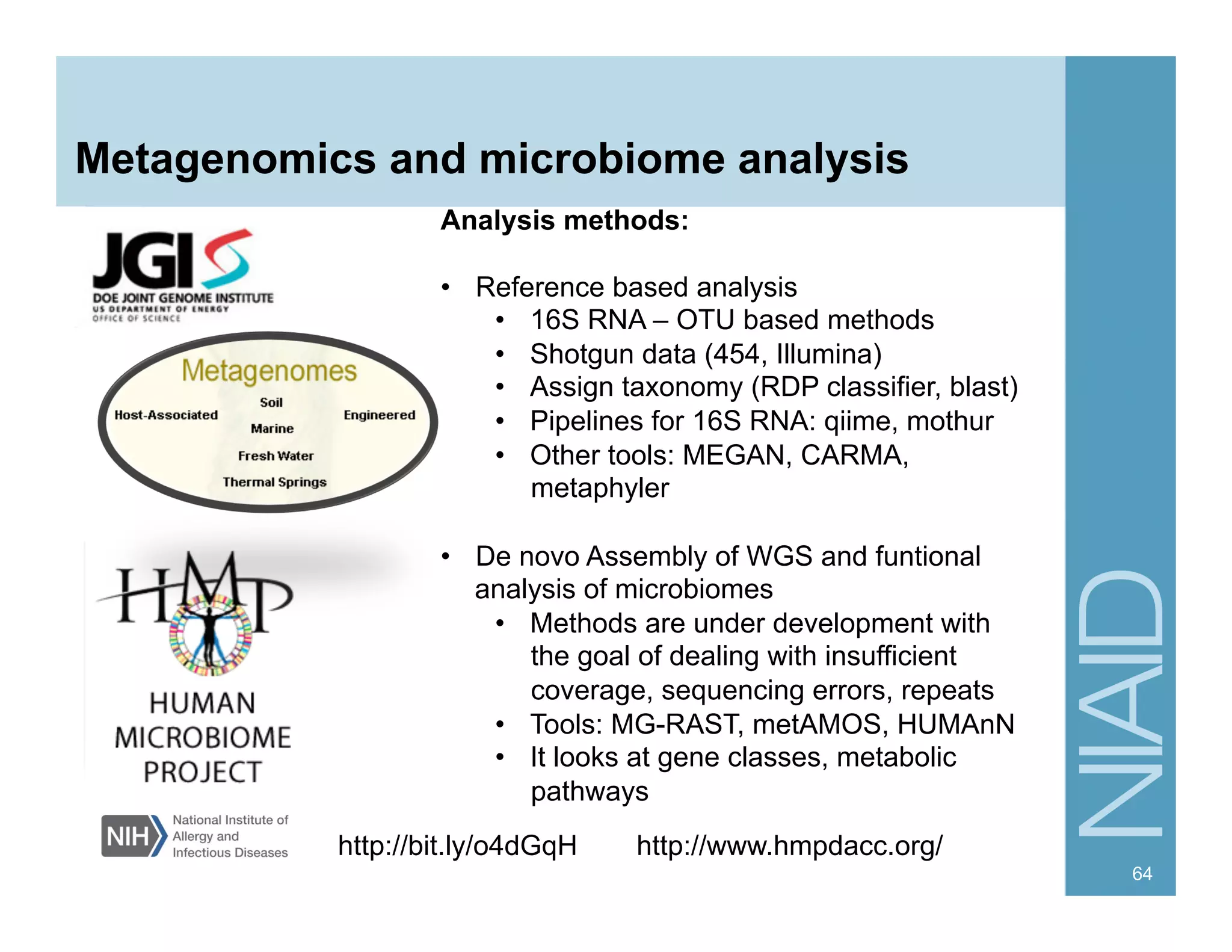 64
Metagenomics and microbiome analysis
Analysis methods:
•  Reference based analysis
•  16S RNA – OTU based methods
•  Shotgun data (454, Illumina)
•  Assign taxonomy (RDP classifier, blast)
•  Pipelines for 16S RNA: qiime, mothur
•  Other tools: MEGAN, CARMA,
metaphyler
•  De novo Assembly of WGS and funtional
analysis of microbiomes
•  Methods are under development with
the goal of dealing with insufficient
coverage, sequencing errors, repeats
•  Tools: MG-RAST, metAMOS, HUMAnN
•  It looks at gene classes, metabolic
pathways
http://bit.ly/o4dGqH http://www.hmpdacc.org/
 