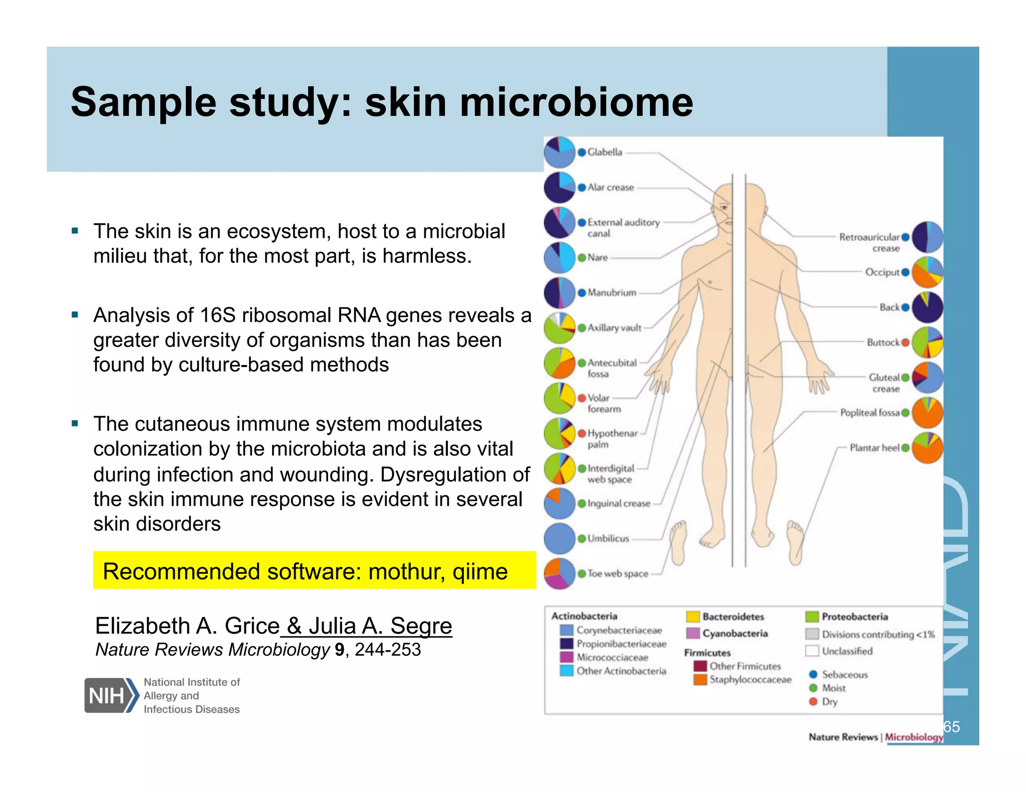 Sample study: skin microbiome
  The skin is an ecosystem, host to a microbial
milieu that, for the most part, is harmless.
  Analysis of 16S ribosomal RNA genes reveals a
greater diversity of organisms than has been
found by culture-based methods
  The cutaneous immune system modulates
colonization by the microbiota and is also vital
during infection and wounding. Dysregulation of
the skin immune response is evident in several
skin disorders
65
Elizabeth A. Grice & Julia A. Segre
Nature Reviews Microbiology 9, 244-253
Recommended software: mothur, qiime
 