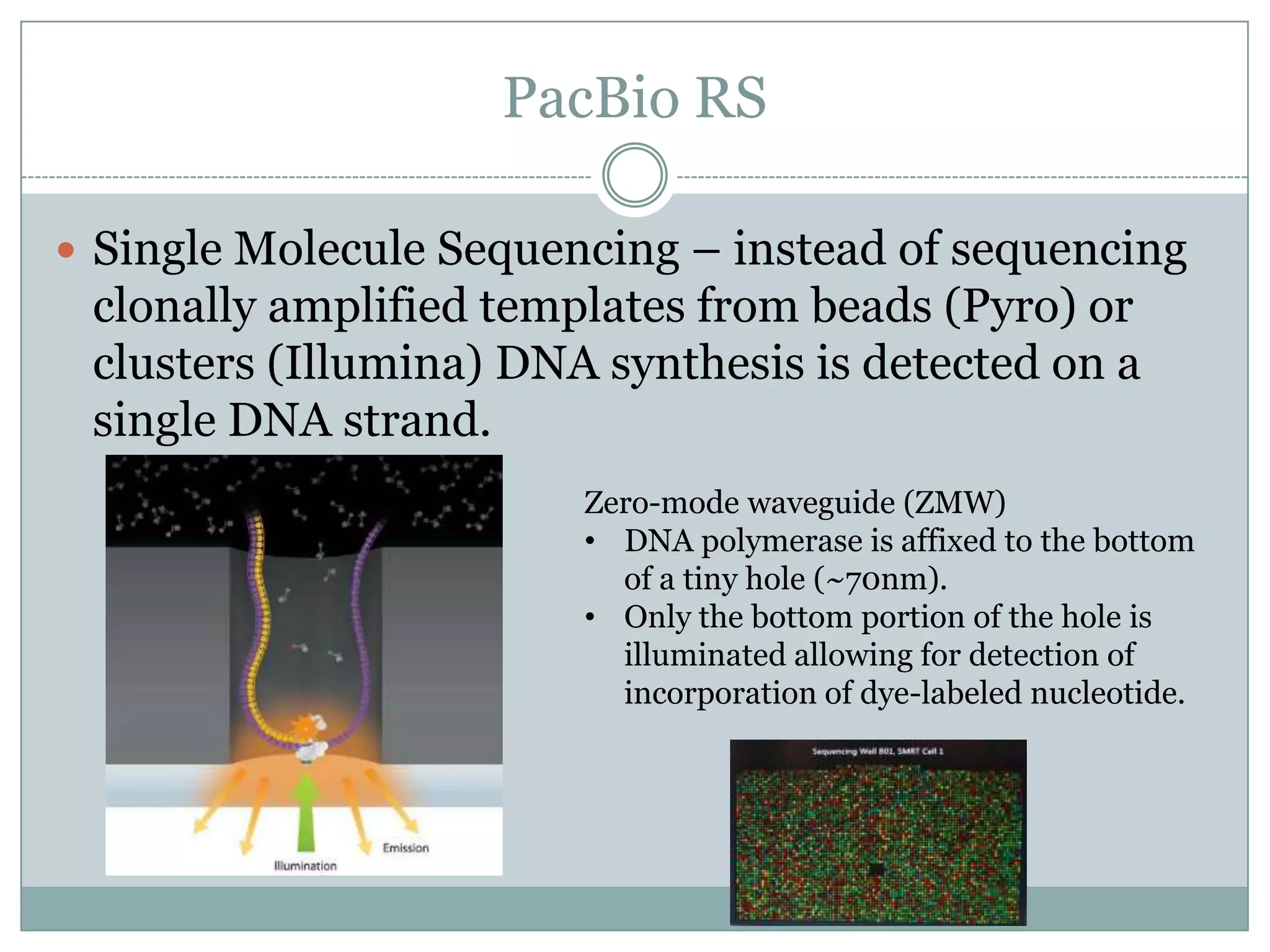 PacBio RS

 Single Molecule Sequencing – instead of sequencing
 clonally amplified templates from beads (Pyro) or
 clusters (Illumina) DNA synthesis is detected on a
 single DNA strand.
                        Zero-mode waveguide (ZMW)
                        • DNA polymerase is affixed to the bottom
                          of a tiny hole (~70nm).
                        • Only the bottom portion of the hole is
                          illuminated allowing for detection of
                          incorporation of dye-labeled nucleotide.
 