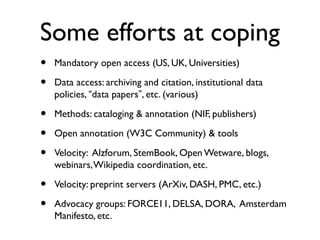 Not to mention...
• Closed access publishing model
• Walled garden systems,
• Text mining & remixing prohibitions, and
• Insane rising costs imposed on libraries.
• Open access publishing model
• Researcher cost burden unaccounted for
by funding agencies.
 