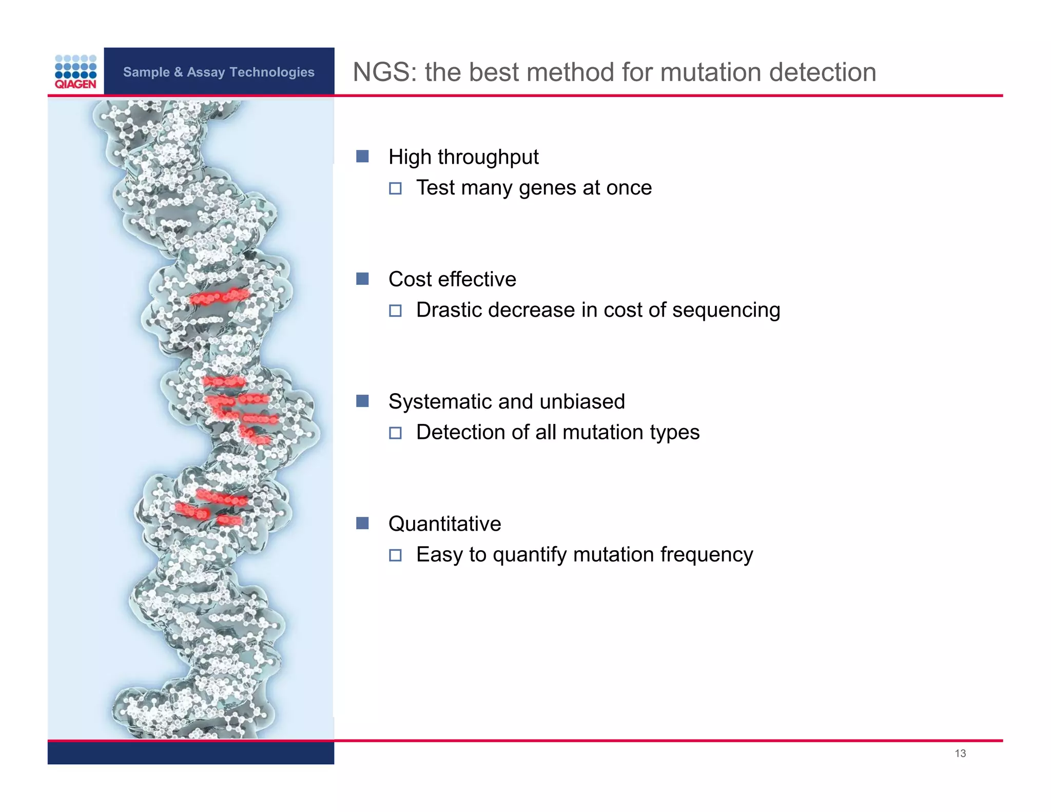 Sample & Assay Technologies
NGS: the best method for mutation detection
High throughput
Test many genes at once
Cost effective
Drastic decrease in cost of sequencing
Systematic and unbiased
Detection of all mutation types
Quantitative
Easy to quantify mutation frequency
13