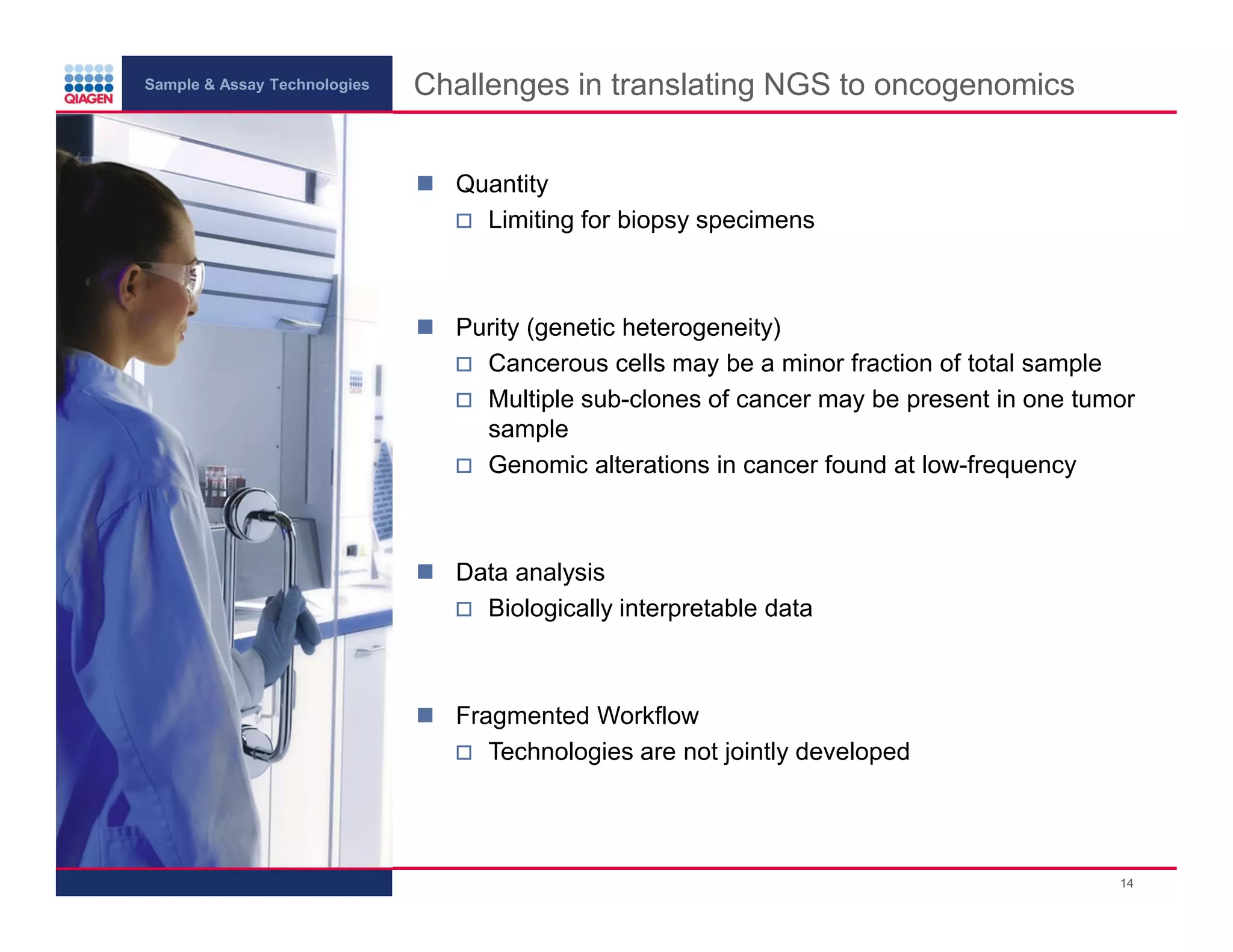 Sample & Assay Technologies
Challenges in translating NGS to oncogenomics
Quantity
Limiting for biopsy specimens
Purity (genetic heterogeneity)
Cancerous cells may be a minor fraction of total sample
Multiple sub-clones of cancer may be present in one tumor
sample
Genomic alterations in cancer found at low-frequency
Data analysis
Biologically interpretable data
Fragmented Workflow
Technologies are not jointly developed
14