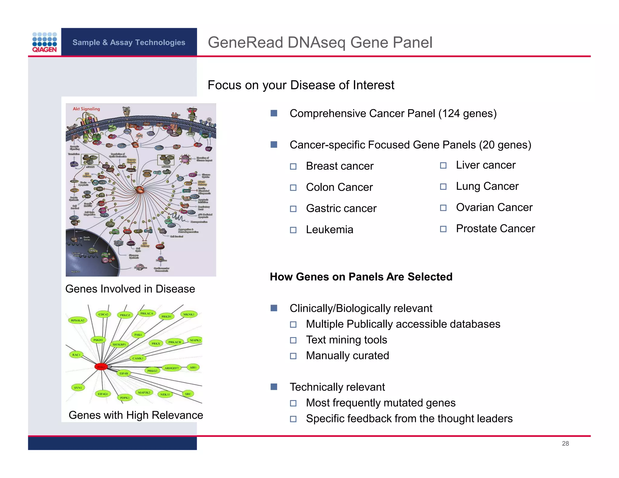 Sample & Assay Technologies
GeneRead DNAseq Gene Panel
Focus on your Disease of Interest
Comprehensive Cancer Panel (124 genes)
Cancer-specific Focused Gene Panels (20 genes)
Breast cancer
Liver cancer
Colon Cancer
Lung Cancer
Gastric cancer
Ovarian Cancer
Leukemia
Prostate Cancer
How Genes on Panels Are Selected
Genes Involved in Disease
Clinically/Biologically relevant
Multiple Publically accessible databases
Text mining tools
Manually curated
Genes with High Relevance
Technically relevant
Most frequently mutated genes
Specific feedback from the thought leaders
28