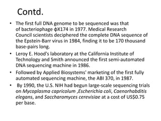 Contd.
• The first full DNA genome to be sequenced was that
of bacteriophage φX174 in 1977. Medical Research
Council scientists deciphered the complete DNA sequence of
the Epstein-Barr virus in 1984, finding it to be 170 thousand
base-pairs long.
• Leroy E. Hood's laboratory at the California Institute of
Technology and Smith announced the first semi-automated
DNA sequencing machine in 1986.
• Followed by Applied Biosystems' marketing of the first fully
automated sequencing machine, the ABI 370, in 1987.
• By 1990, the U.S. NIH had begun large-scale sequencing trials
on Mycoplasma capricolum ,Escherichia coli, Caenorhabditis
elegans, and Saccharomyces cerevisiae at a cost of US$0.75
per base.
 