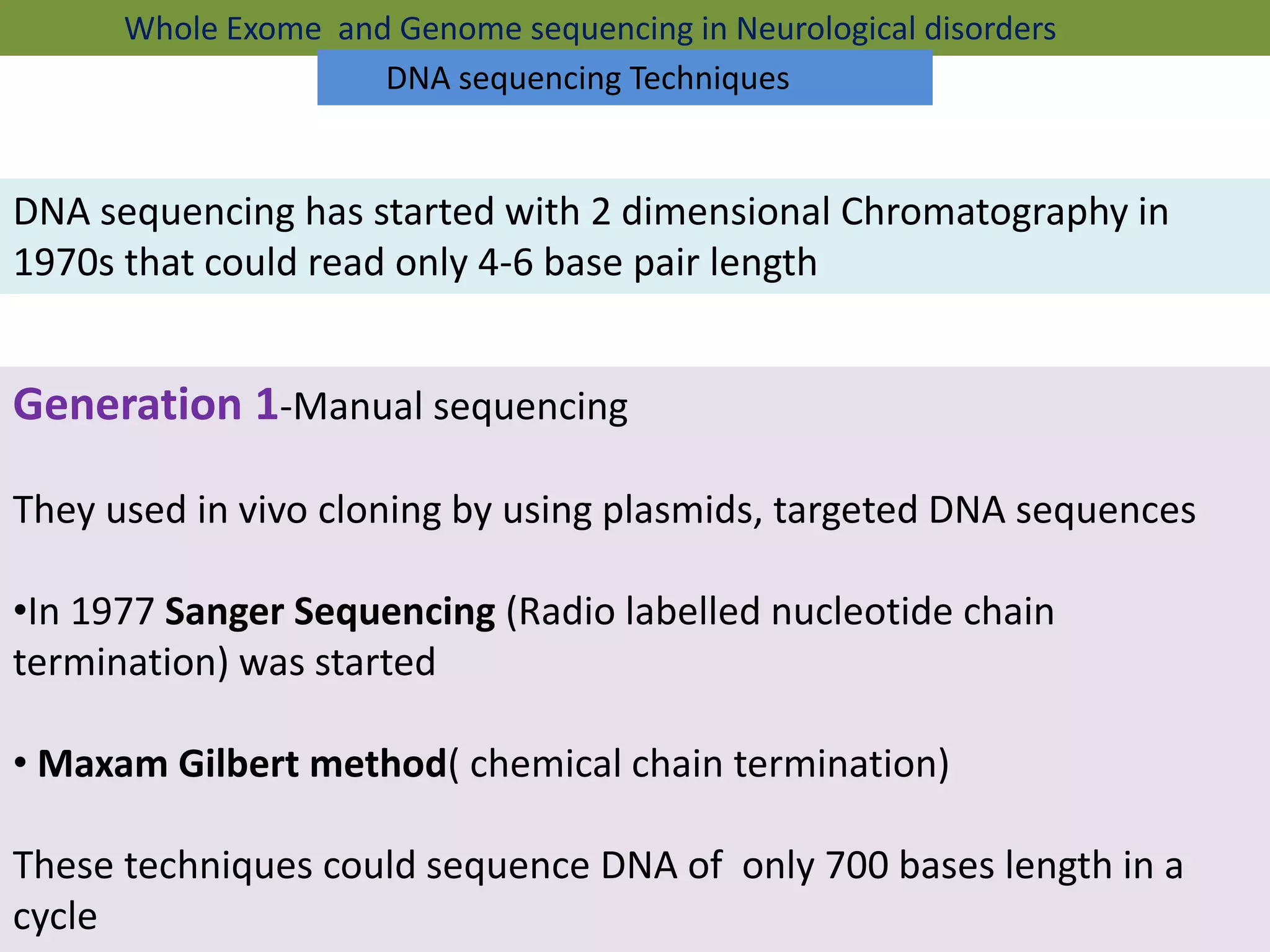 DNA sequencing has started with 2 dimensional Chromatography in
1970s that could read only 4-6 base pair length
Whole Exome and Genome sequencing in Neurological disorders
Generation 1-Manual sequencing
They used in vivo cloning by using plasmids, targeted DNA sequences
•In 1977 Sanger Sequencing (Radio labelled nucleotide chain
termination) was started
• Maxam Gilbert method( chemical chain termination)
These techniques could sequence DNA of only 700 bases length in a
cycle
DNA sequencing Techniques
 