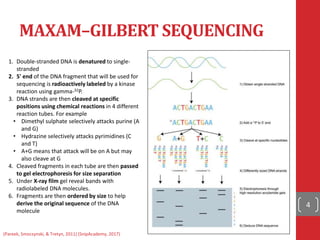 MAXAM–GILBERT SEQUENCING
4
(Pareek, Smoczynski, & Tretyn, 2011) (SnipAcademy, 2017)
1. Double-stranded DNA is denatured to single-
stranded
2. 5' end of the DNA fragment that will be used for
sequencing is radioactively labeled by a kinase
reaction using gamma-32P.
3. DNA strands are then cleaved at specific
positions using chemical reactions in 4 different
reaction tubes. For example
• Dimethyl sulphate selectively attacks purine (A
and G)
• Hydrazine selectively attacks pyrimidines (C
and T)
• A+G means that attack will be on A but may
also cleave at G
4. Cleaved fragments in each tube are then passed
to gel electrophoresis for size separation
5. Under X-ray film gel reveal bands with
radiolabeled DNA molecules.
6. Fragments are then ordered by size to help
derive the original sequence of the DNA
molecule
 