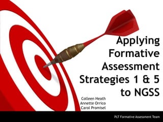 Applying
Formative
Assessment
Strategies 1 & 5
to NGSS
Colleen Heath
Annette Orrico
Carol Promisel

PLT Formative Assessment Team

 