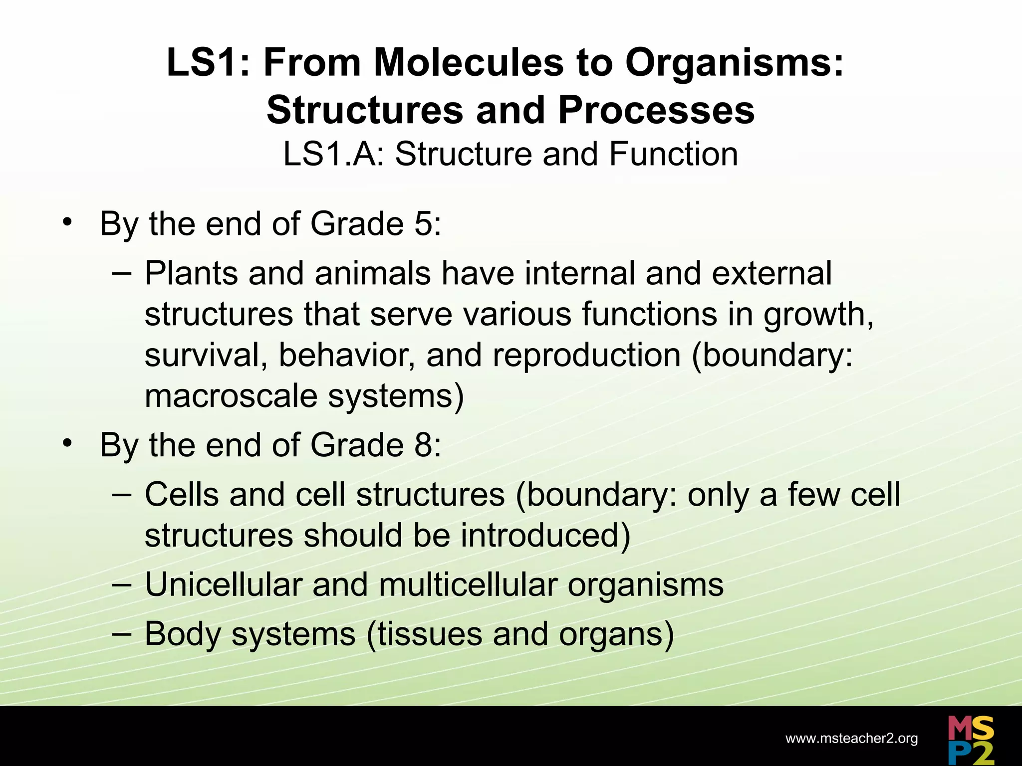 LS1: From Molecules to Organisms:
            Structures and Processes
               LS1.A: Structure and Function
• By the end of Grade 5:
   – Plants and animals have internal and external
     structures that serve various functions in growth,
     survival, behavior, and reproduction (boundary:
     macroscale systems)
• By the end of Grade 8:
   – Cells and cell structures (boundary: only a few cell
     structures should be introduced)
   – Unicellular and multicellular organisms
   – Body systems (tissues and organs)

                                                 www.msteacher2.org
                           -
 