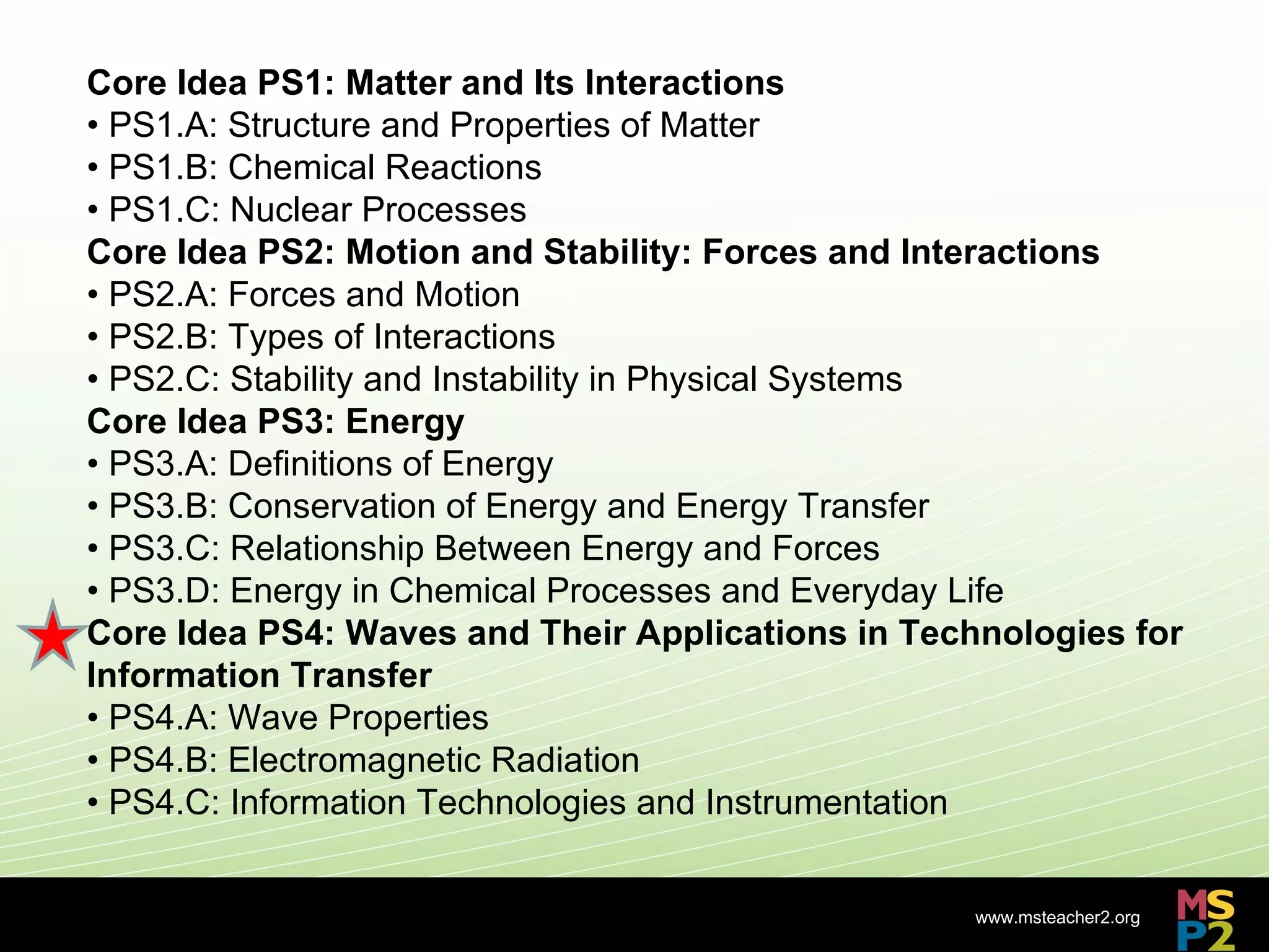 Core Idea PS1: Matter and Its Interactions
• PS1.A: Structure and Properties of Matter
• PS1.B: Chemical Reactions
• PS1.C: Nuclear Processes
Core Idea PS2: Motion and Stability: Forces and Interactions
• PS2.A: Forces and Motion
• PS2.B: Types of Interactions
• PS2.C: Stability and Instability in Physical Systems
Core Idea PS3: Energy
• PS3.A: Definitions of Energy
• PS3.B: Conservation of Energy and Energy Transfer
• PS3.C: Relationship Between Energy and Forces
• PS3.D: Energy in Chemical Processes and Everyday Life
Core Idea PS4: Waves and Their Applications in Technologies for
Information Transfer
• PS4.A: Wave Properties
• PS4.B: Electromagnetic Radiation
• PS4.C: Information Technologies and Instrumentation


                                                   www.msteacher2.org
                            -
 