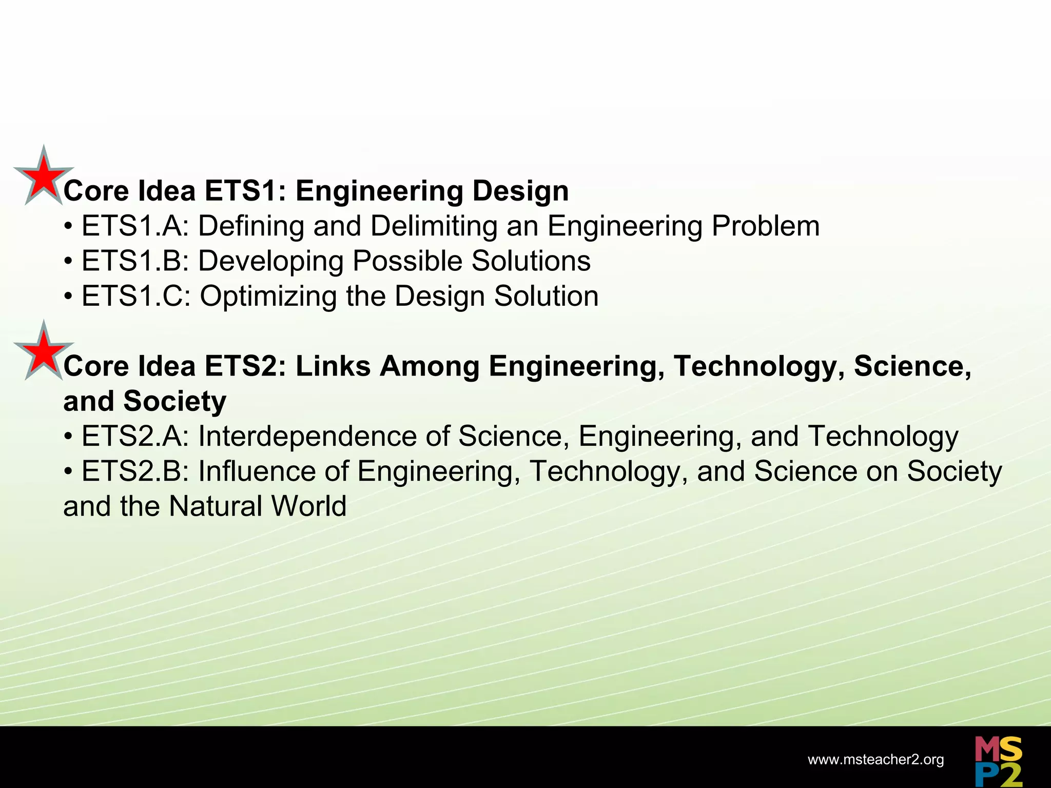 Core Idea ETS1: Engineering Design
• ETS1.A: Defining and Delimiting an Engineering Problem
• ETS1.B: Developing Possible Solutions
• ETS1.C: Optimizing the Design Solution

Core Idea ETS2: Links Among Engineering, Technology, Science,
and Society
• ETS2.A: Interdependence of Science, Engineering, and Technology
• ETS2.B: Influence of Engineering, Technology, and Science on Society
and the Natural World




                                                       www.msteacher2.org
                               -
 