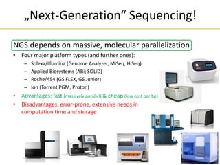 NGS depends on massive, molecular parallelization
• Four major platform types (and further ones):
– Solexa/Illumina (Genome Analyzer, MiSeq, HiSeq)
– Applied Biosystems (ABi; SOLiD)
– Roche/454 (GS FLEX, GS Junior)
– Ion (Torrent PGM, Proton)
• Advantages: fast (massively parallel) & cheap (low cost per bp)
• Disadvantages: error-prone, extensive needs in
computation time and storage
„Next-Generation“ Sequencing!
 
