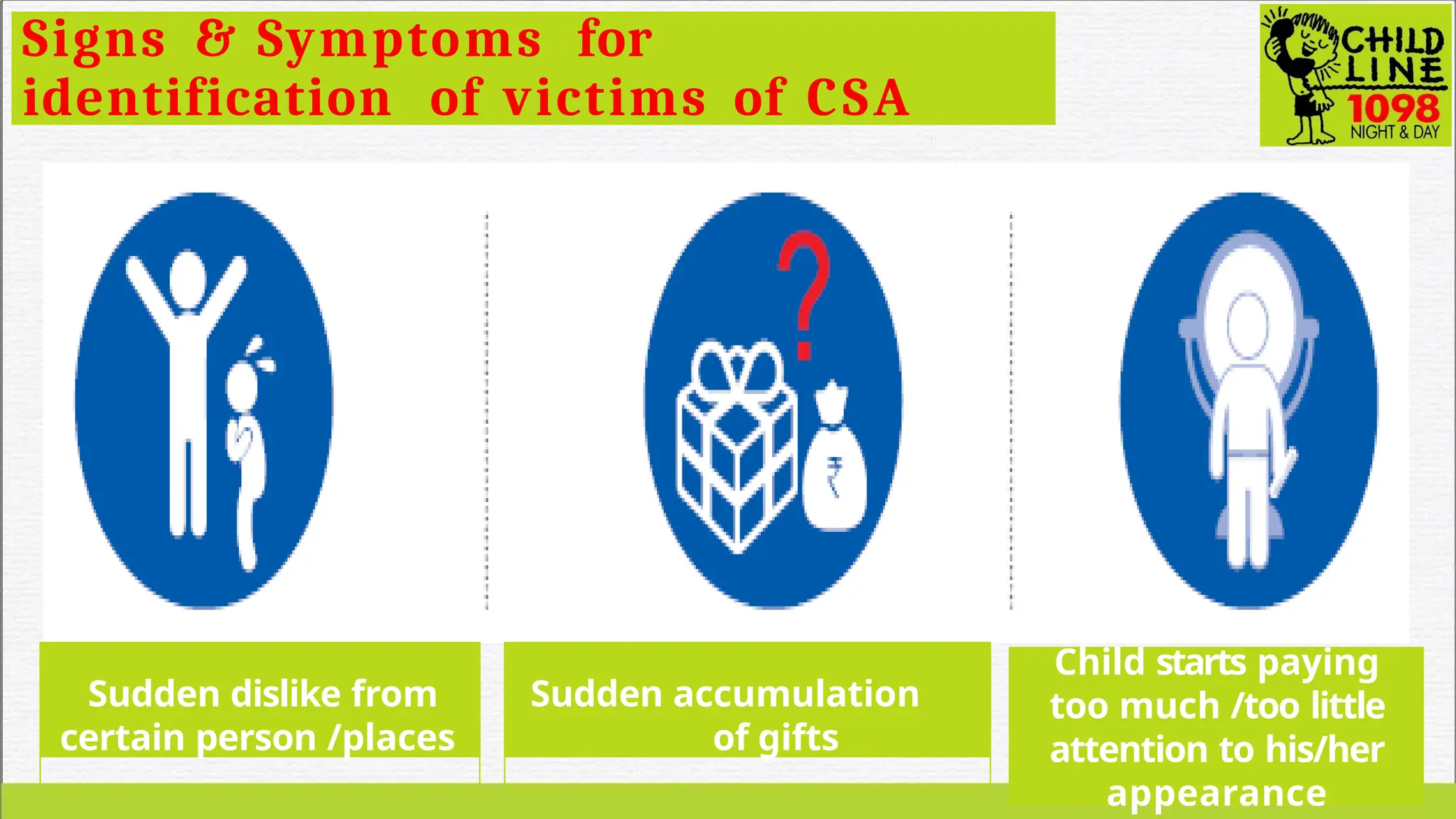 Signs & Symptoms for
identification of victims of CSA
Sudden dislike from
certain person /places
Sudden accumulation
of gifts
Child starts paying
too much /too little
attention to his/her
appearance
 