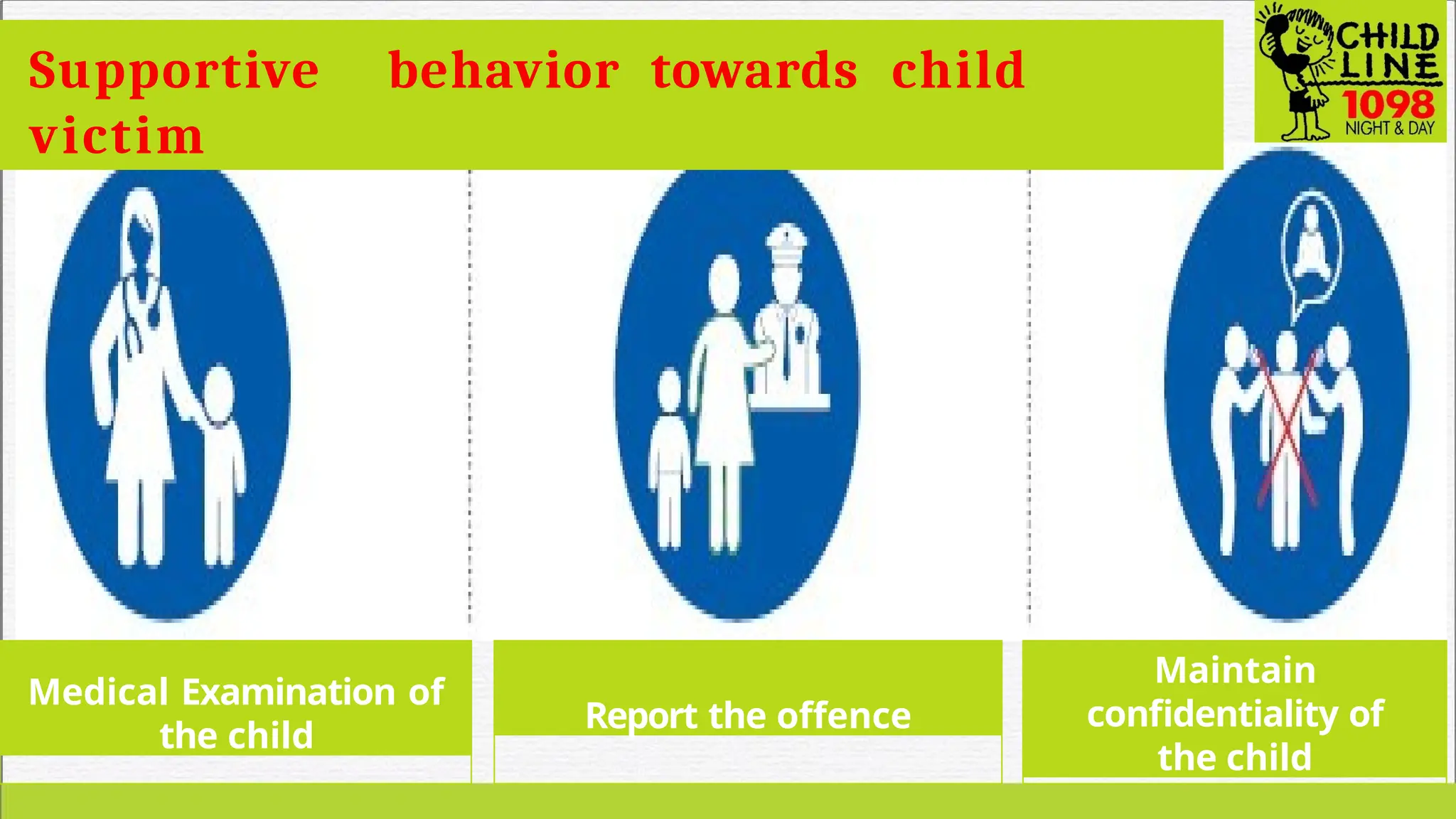Supportive behavior towards child
victim
Medical Examination of
the child
Report the offence
Maintain
confidentiality of
the child
 