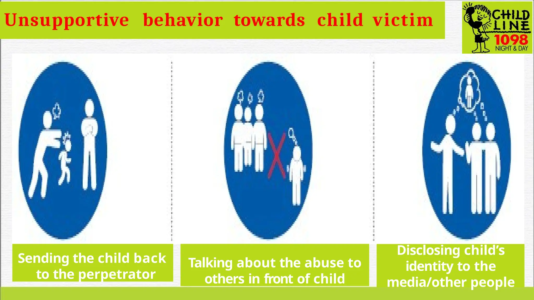 Sending the child back
to the perpetrator
Talking about the abuse to
others in front of child
Disclosing child’s
identity to the
media/other people
Unsupportive behavior towards child victim
 