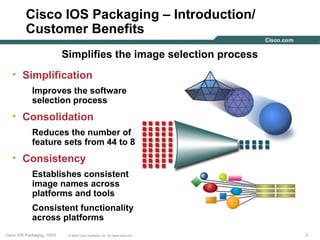 Cisco IOS Packaging – Introduction/
          Customer Benefits
                             Simplifies the image selection process
   • Simplification
             Improves the software
             selection process
   • Consolidation
             Reduces the number of
             feature sets from 44 to 8
   • Consistency
             Establishes consistent
             image names across
             platforms and tools
             Consistent functionality
             across platforms
Cisco IOS Packaging, 10/03    © 2003 Cisco Systems, Inc. All rights reserved.   4
 