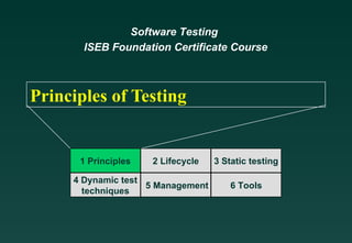 Software Testing
       ISEB Foundation Certificate Course



Principles of Testing


      1 Principles   2 Lifecycle   3 Static testing

     4 Dynamic test
                    5 Management       6 Tools
       techniques
 