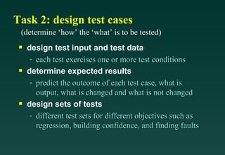 Task 2: design test cases
 (determine ‘how’ the ‘what’ is to be tested)
 s   design test input and test data
      - each test exercises one or more test conditions
 s   determine expected results
      - predict the outcome of each test case, what is
        output, what is changed and what is not changed
 s   design sets of tests
      - different test sets for different objectives such as
        regression, building confidence, and finding faults
 