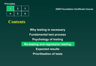Principles

    1        2   3                      ISEB Foundation Certificate Course

    4        5   6


   Contents
                     Why testing is necessary
                     Fundamental test process
                      Psychology of testing
                 Re-testing and regression testing
                         Expected results
                       Prioritisation of tests
 