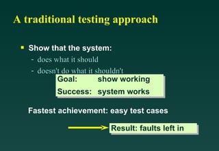 A traditional testing approach

 s   Show that the system:
     - does what it should
     - doesn't do what it shouldn't
             Goal:         show working
             Success: system works

     Fastest achievement: easy test cases

                            Result: faults left in
 