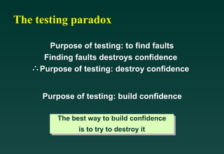 The testing paradox

       Purpose of testing: to find faults
      Finding faults destroys confidence
     Purpose of testing: destroy confidence


     Purpose of testing: build confidence

         The best way to build confidence
               is to try to destroy it
 