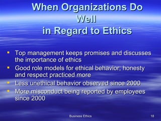 When Organizations Do Well  in Regard to Ethics Top management keeps promises and discusses the importance of ethics Good role models for ethical behavior; honesty and respect practiced more Less unethical behavior observed since 2000 More misconduct being reported by employees since 2000 