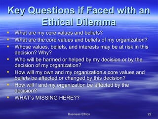 Key Questions if Faced with an Ethical Dilemma What are my core values and beliefs? What are the core values and beliefs of my organization? Whose values, beliefs, and interests may be at risk in this decision? Why? Who will be harmed or helped by my decision or by the decision of my organization? How will my own and my organization’s core values and beliefs be affected or changed by this decision? How will I and my organization be affected by the decision? WHAT’s MISSING HERE?? 