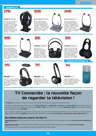 15
IMAGE
Casque TV stéthoscope sans
fil - Rechargeable - Modulation
HF stéréo - Intelligibilité des voix
irréprochable - Haute fiabilité de
transmission - 3 fréquences dispo et
fonction auto tuning - Portée 100 m -
Autonomie 9 heures - Réponse en
fréquence : 50 - 16 000 Hz.
RS4200-II
25990
€
Dont éco-part. 0,05€
Casque TV sans fil -
Rechargeable - Modulation
UHF : portée 100 m pour vous
permettre de vous déplacer
à votre guise - Recharge par
simple pose sur l'émetteur -
Autonomie 18 heures - Réponse
en fréquence : 10 - 22 000 Hz.
MDRRF855RK
8999
€
Dont éco-part. 0,06€
Casque TV filaire - Technologie
Events Bass Beat pour assurer une
meilleure qualité sonore - Arceau
ultra-léger - Réponse en fréquences :
14 - 22000 Hz.
SHP1800
1499
€
Dont éco-part. 0,10€
Casque TV stéthoscope sans
fil - Rechargeable - Modulation
FM stéréo - Intelligibilité des voix
irréprochable - Haute fiabilité de
transmission - Absence de souffle
hors de la zone de réception
optimale - Portée 12 m - Autonomie
16 heures - Réponse en fréquence :
50 - 16 000 Hz.
IS410
24990
€
Dont éco-part. 0,04€
Casque TV sans fil - Modulation
Infrarouge - Réglage du volume
intégré - Connectez-vous et c'est
parti : Fonction de syntonisation
automatique et bouton marche/
arrêt - Bandeau ajustable -
Autonomie 13 heures - Réponse
en fréquences : 20 - 20 000 Hz.
MDRRF811RK
6999
€
Dont éco-part. 0,04€
Liquide de nettoyage anti-traînée
(200 ml) - Formule anti-goutte fiable -
Tissu en microfibre sans peluches
pour un nettoyage en profondeur
(lavable et réutilisable).
SVC1116
1499
€
Casque TV sans fil - Modulation
UHF - Diaphragme Ø 40 mm -
Technologie VPT (Virtual phones
Technology) 7.1 canaux - Modèle
ambiophonique sélectionnable
(Cinéma/Jeux/Voix/Stéréo) -
Atténuation des bruits extérieurs -
Autonomie 20 heures - Réponse en
fréquences : 6 - 25 000 Hz
MDRDS6500
27990
€
Dont éco-part. 0,06€
Casque TV stéthoscope sans
fil - Rechargeable - Modulation
FM mono - Intelligibilité des voix
irréprochable - Haute fiabilité de
transmission - Absence de souffle
hors de la zone de réception
optimale - Portée 12 m - Autonomie
9 heures - Réponse en fréquence :
50 - 12 000 Hz.
SET55TV
19990
€
Dont éco-part. 0,05€
Casque Hi-fi TV sans fil - Modulation
HF - Conception ultralégère pour une
écoute prolongée - Piles fournies
(durée de fonctionnement 15
heures) - Réponse en fréquences :
18 - 20000 Hz.
SHC1300
4499
€
Dont éco-part. 0,83€
CASQUES TV
TV Connectée : la nouvelle façon
de regarder la télévision !
LaTVConnectéeestunetélévisionquiseconnecteàInternetviavotreBoxinternet.Elleoffreautéléspectateurlacapaciténouvelled’interagiraveclecontenu.
De nombreuses applications vous permettent d’accéder à des services de Vidéos à la Demande (VOD), de rattrapage vidéo, à la presse écrite, aux actualités sportives, météo en temps réels…De plus, vous
pouvez partager vos émotions avec les membres de votre réseau social tel FaceBook ou Twitter et même appeler vos amis et votre famille gratuitement sur Skype depuis votre canapé (en connectant une
webcametunmicrophonesurvotreTVSkypeReady).
Toujours en plein essor, ces applications ne cessent d’évoluer au ﬁl du temps. En effet, si les premières TV reliées à Internet proposaient simplement de mettre à jour le logiciel de la TV, désormais les fabricants
intègrentauxgammesdeSmartTVdespasserellesdonnantaccèsàdemultiplesapplications(jeux,communication,servicedestockageetdepartagedeﬁchiersenligne,navigateurinternet,etc.).
DeuxméthodessimplespourconnectervotreSmartTV:
Connexion internet sans ﬁl : Votre TV est équipé du WiFi et vous avez un routeur WiFi. Grâce à la connexion Internet sans ﬁl, vous pouvez placer votre téléviseur où vous voulez, sans être encombré par des
câbles.
Connexioninternetparcâble:Sivotrerouteursetrouveàcôtédevotretéléviseur,vouspouvezlerelierdirectementparuncâbleréseau.C’estlaconnexionlaplusstableetlapluspuissante.
Ensuite,appuyezsurlatoucheMenudevotretélécommandeetaccédezaumenu NetworkSetuppourconﬁgurerlaconnexion.
LIQUIDE NETTOYAGE TV
 